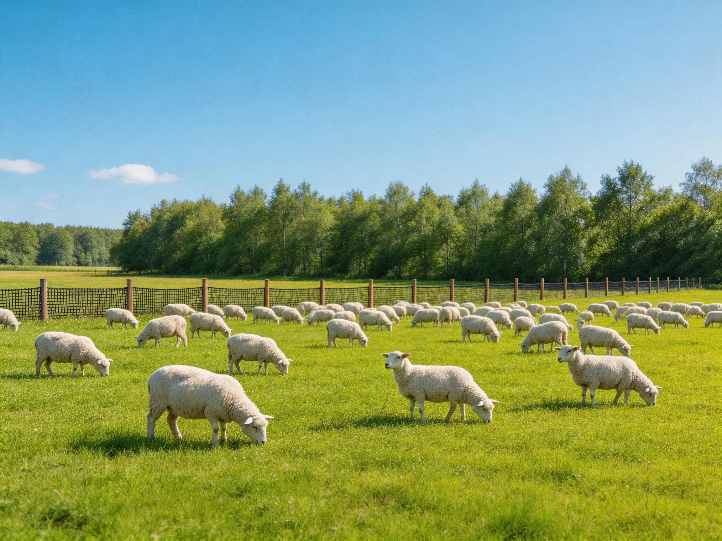 A flock of white sheep grazing in a lush green pasture near a forest