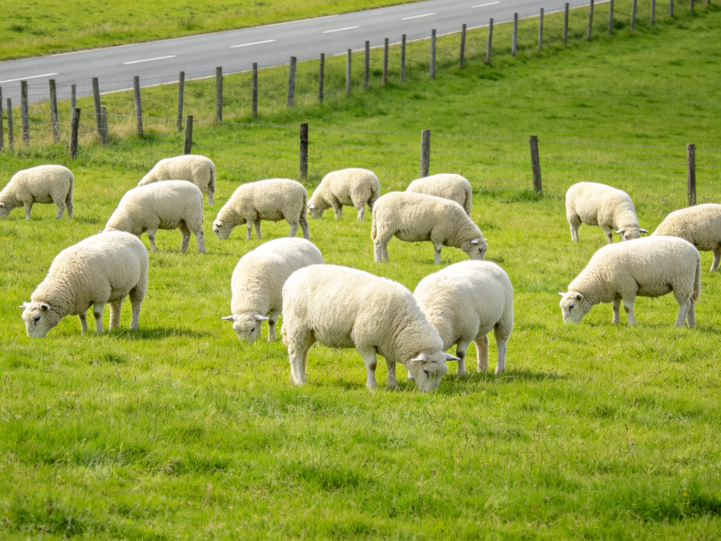 White sheep graze in a green pasture near a road