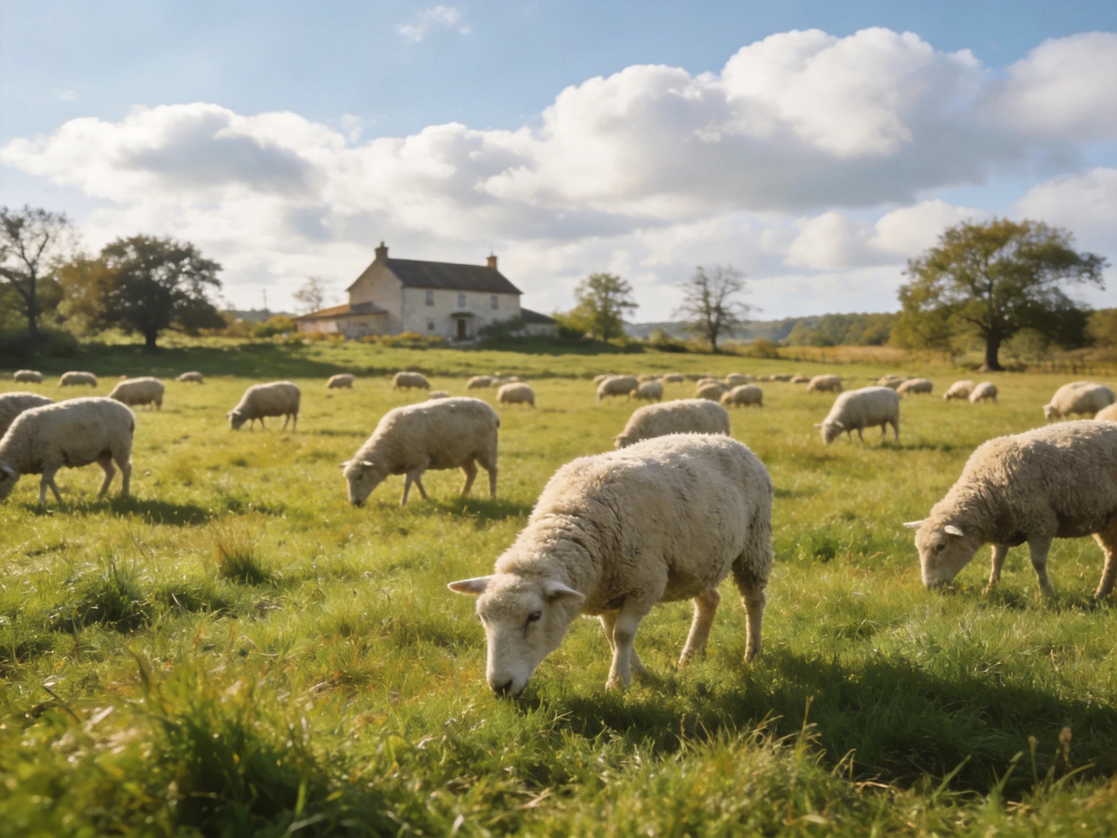 A flock of white sheep grazing in a lush green pasture near a stone farmhouse