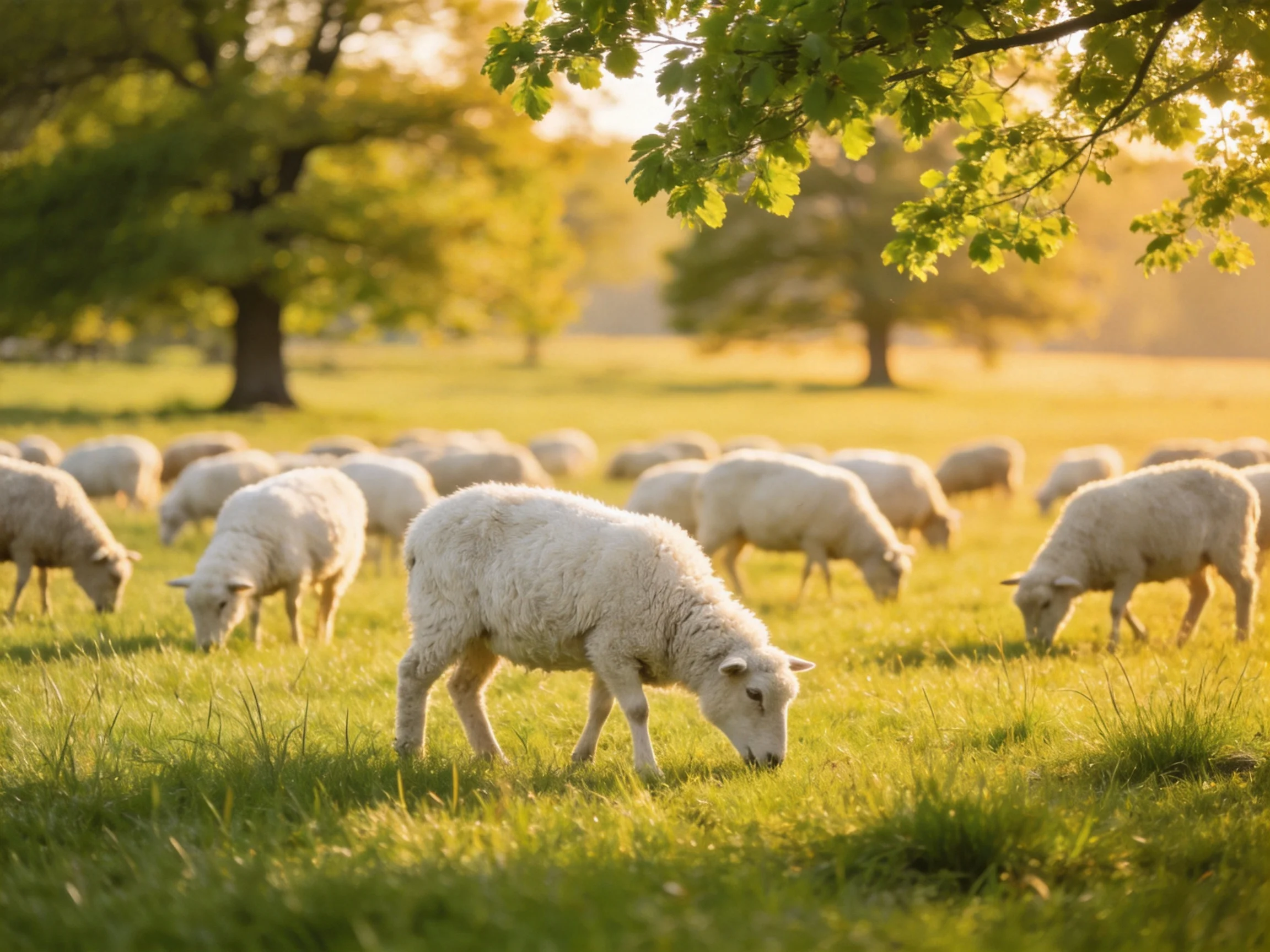 A flock of white sheep grazing in a sunlit green meadow