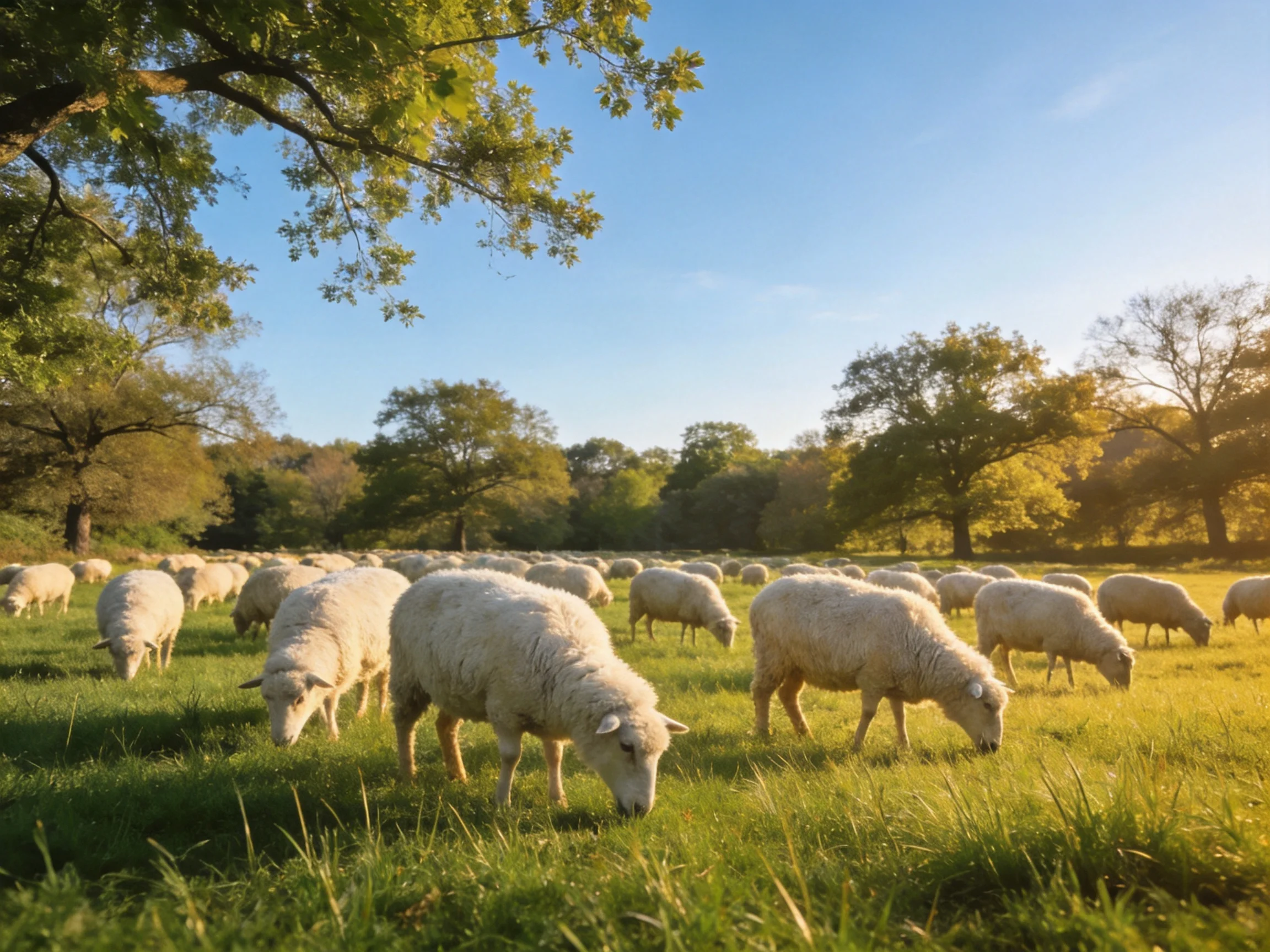 A flock of white sheep grazing in a sunlit green meadow