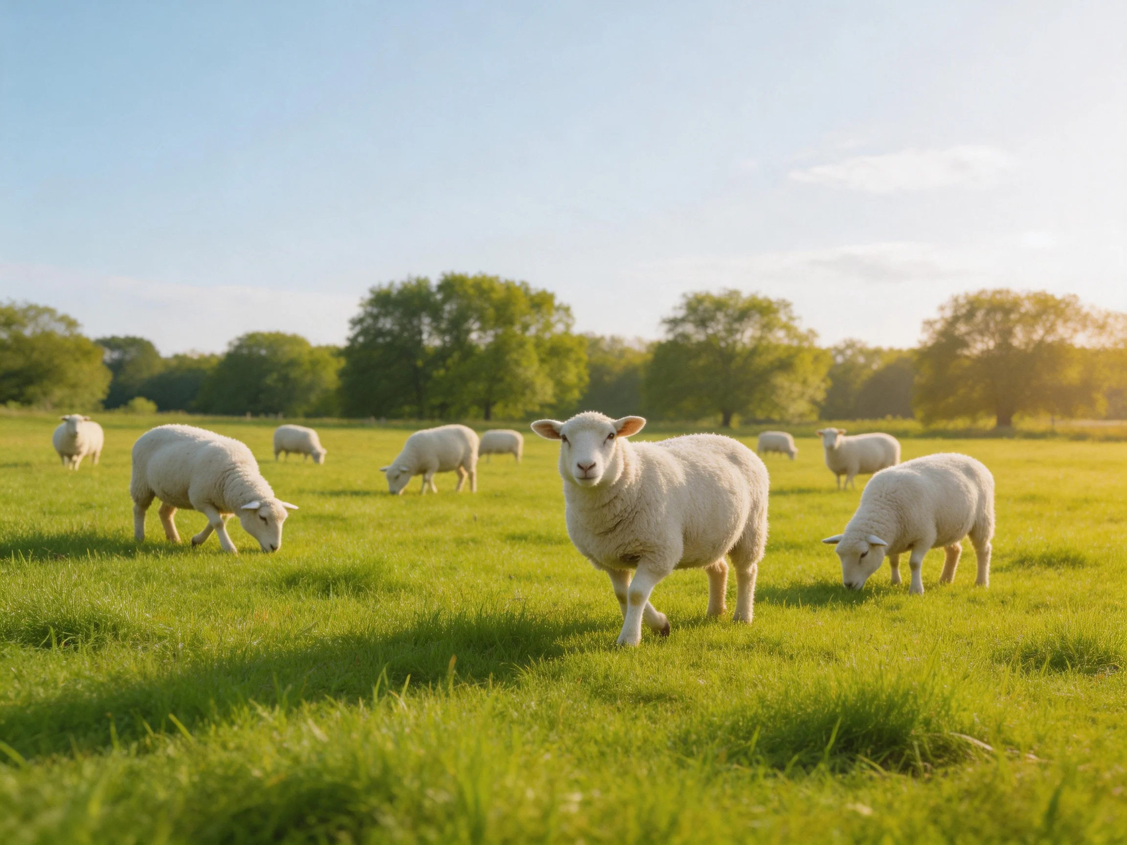 A flock of white sheep grazing in a sunlit green meadow with distant trees