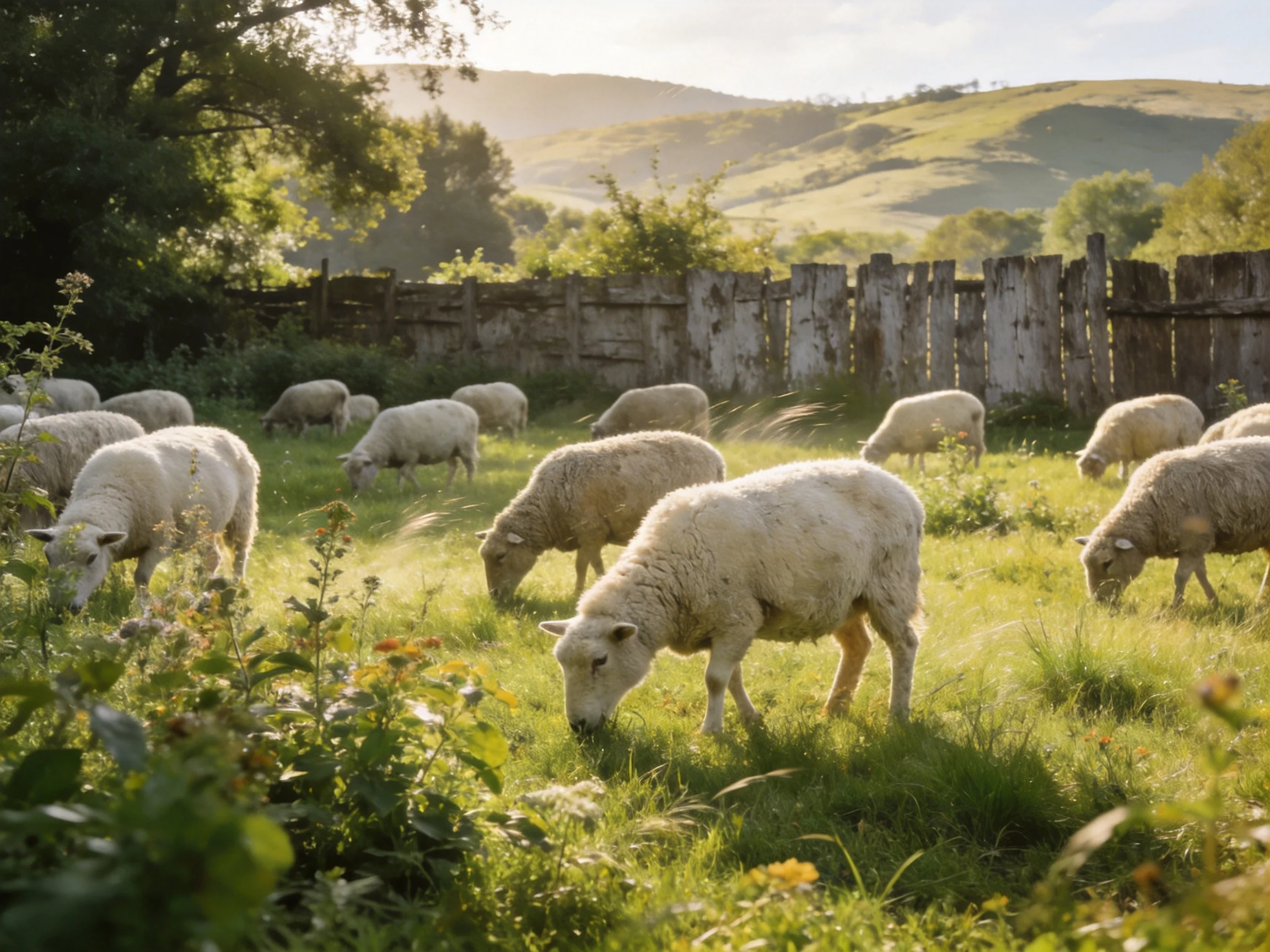 A flock of white sheep grazing in a sunlit green pasture