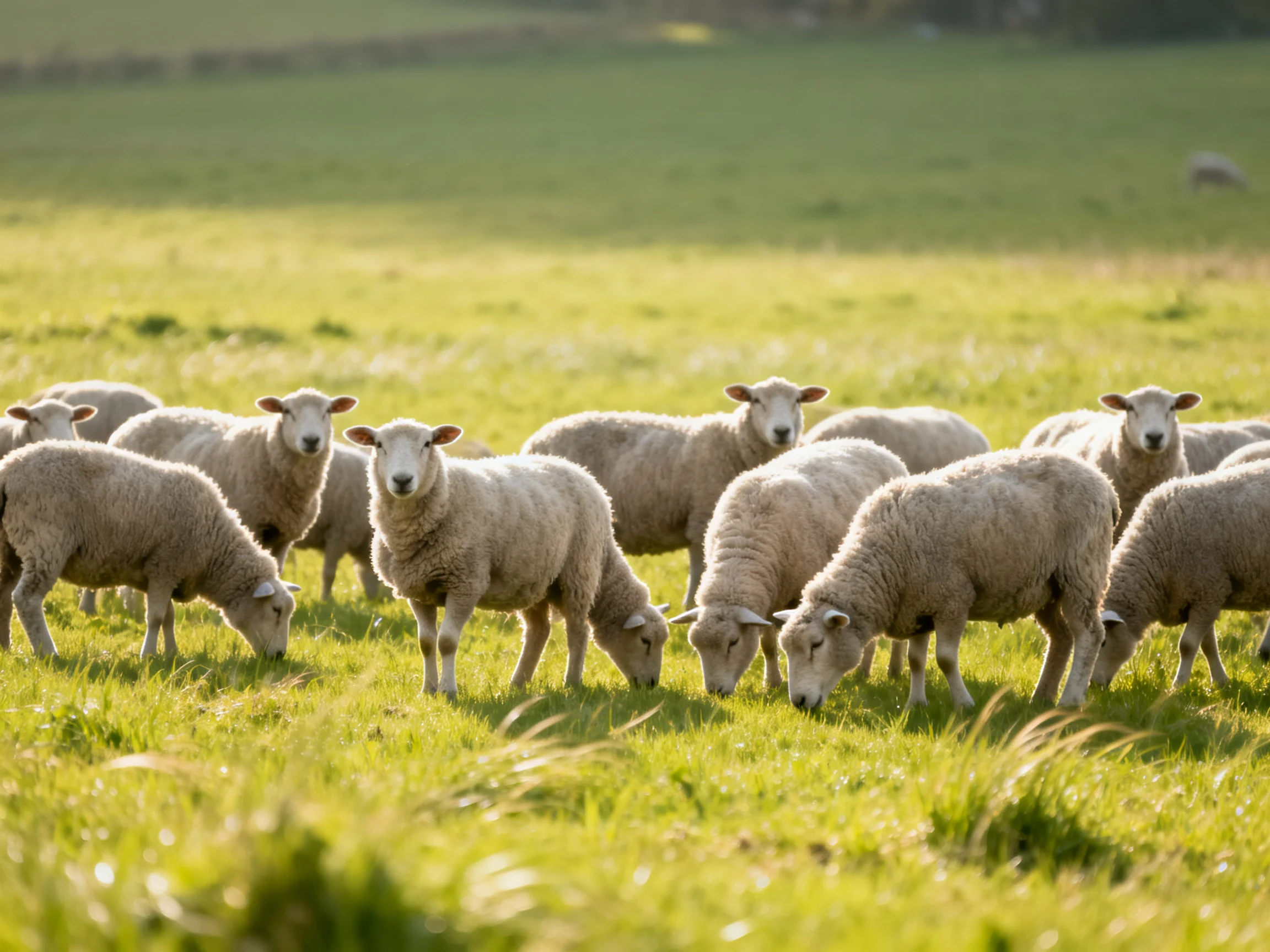 A flock of white sheep grazing in a sunlit green pasture