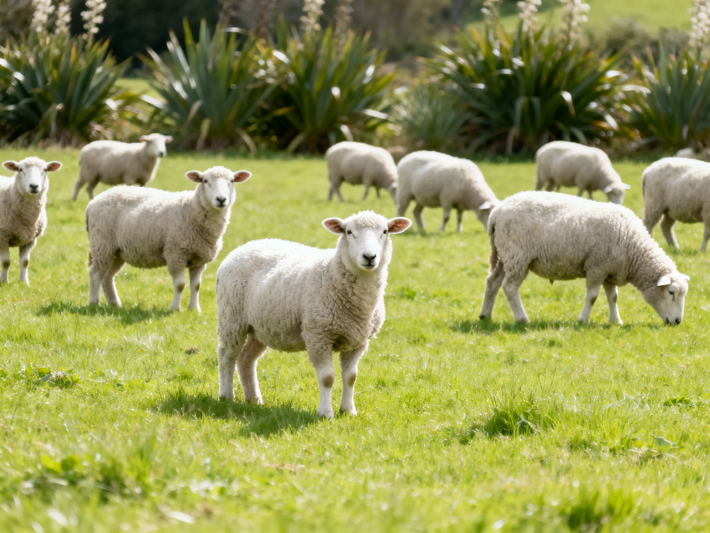 A flock of white sheep grazing in a sunlit green pasture
