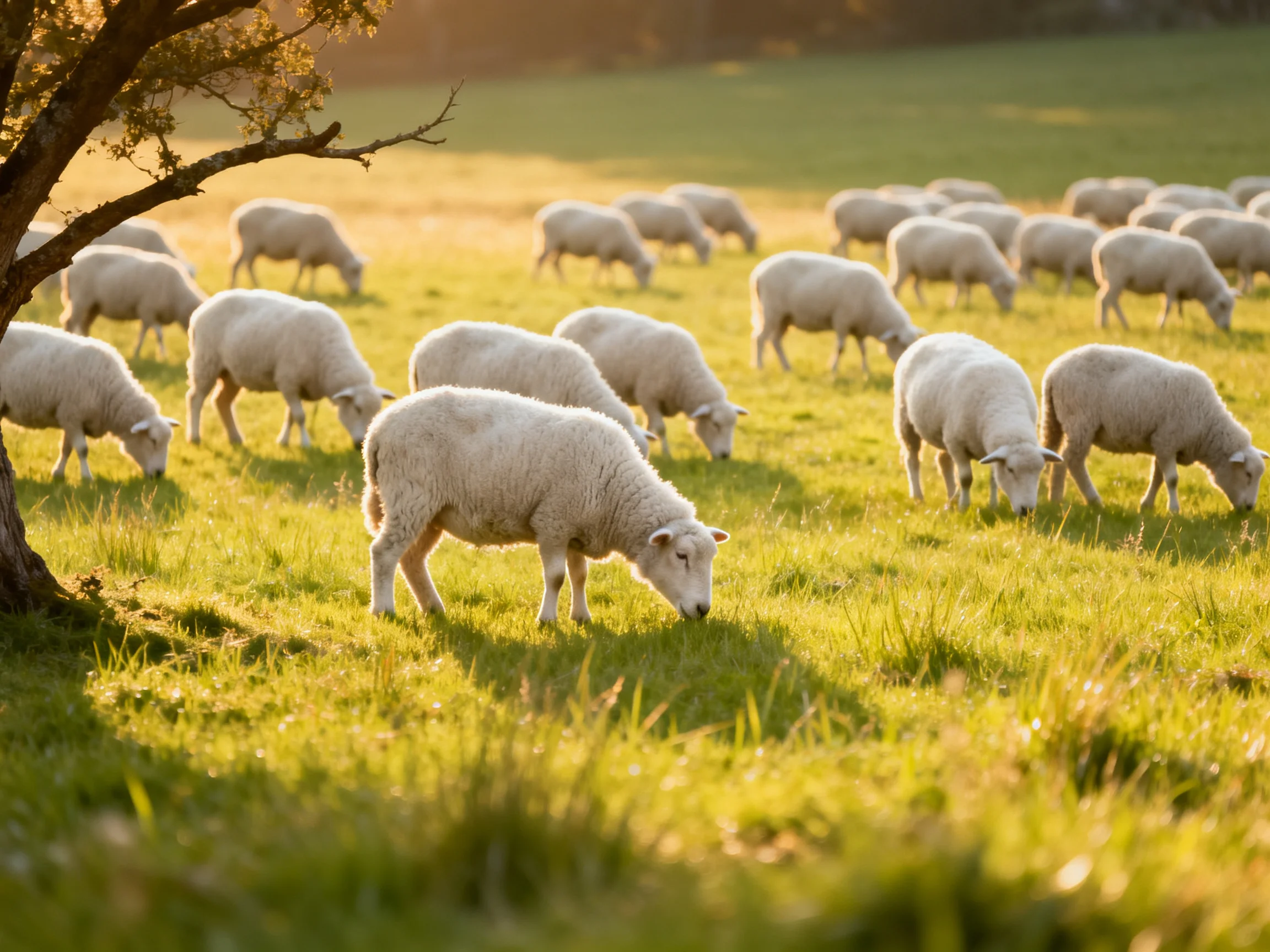 A flock of white sheep grazing in a sunlit green pasture