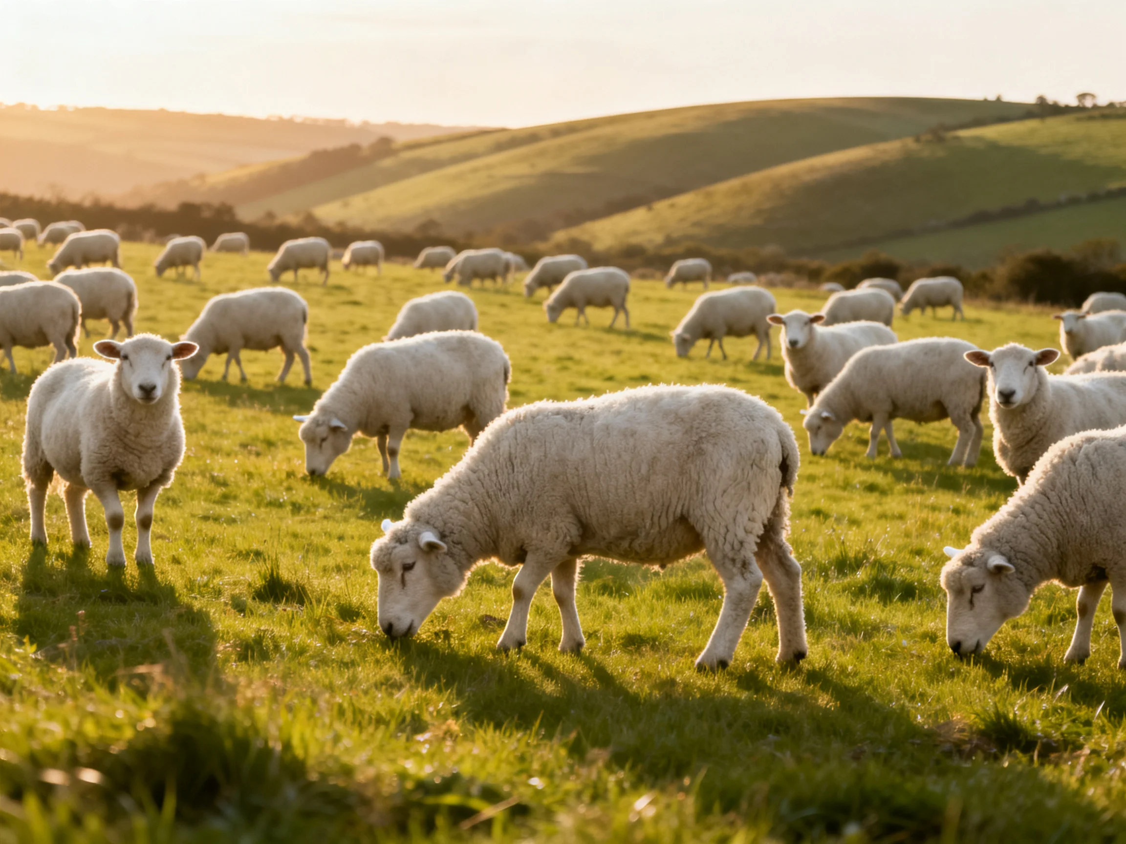 A flock of white sheep grazing in a sunlit green pasture