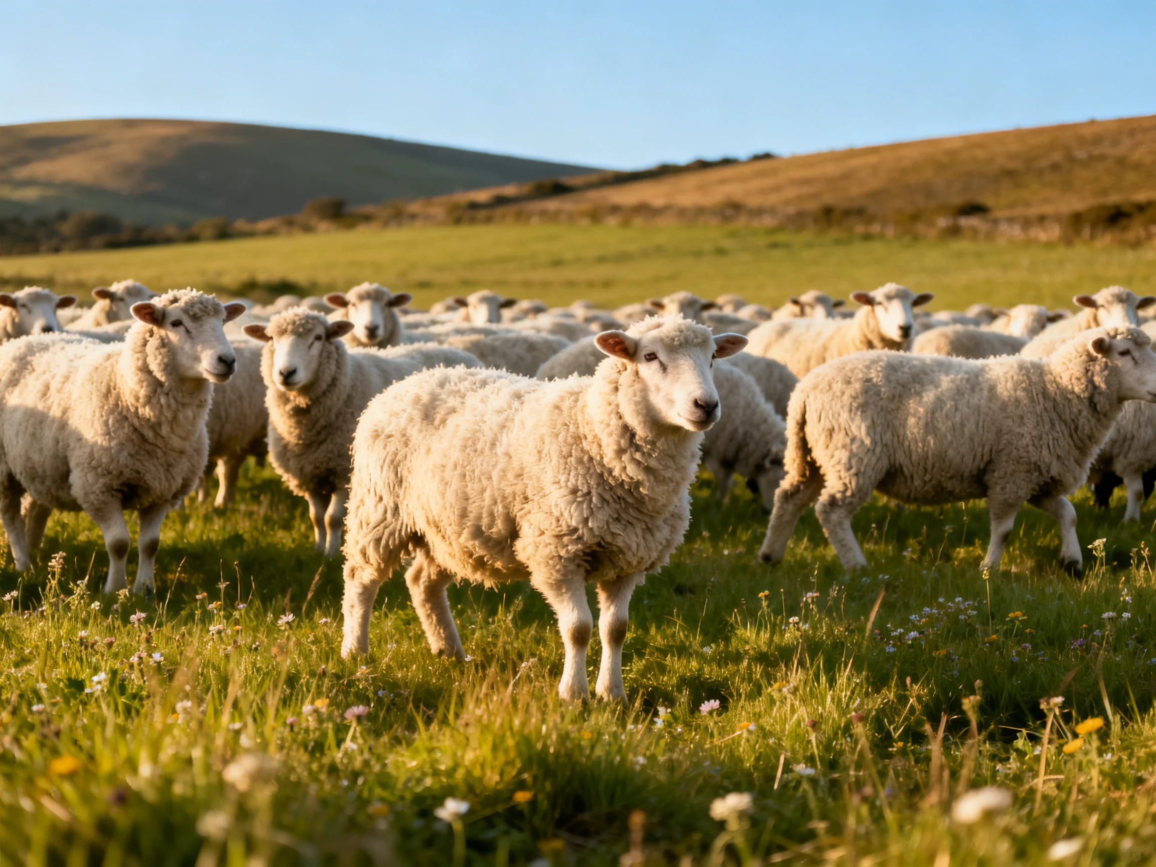 A flock of white sheep grazing in a sunlit green pasture