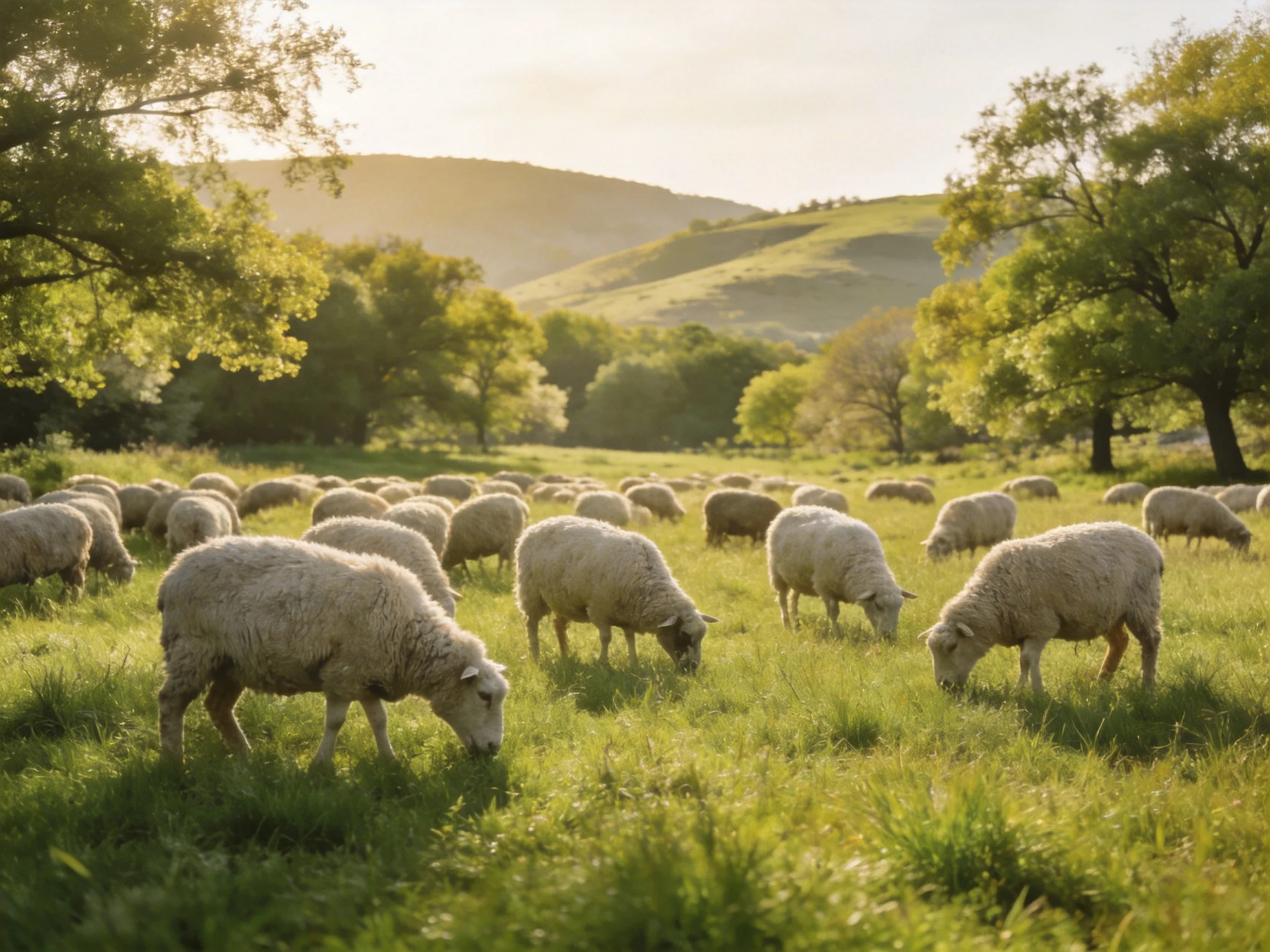 A flock of white sheep grazing in a sunlit green pasture with trees and hills