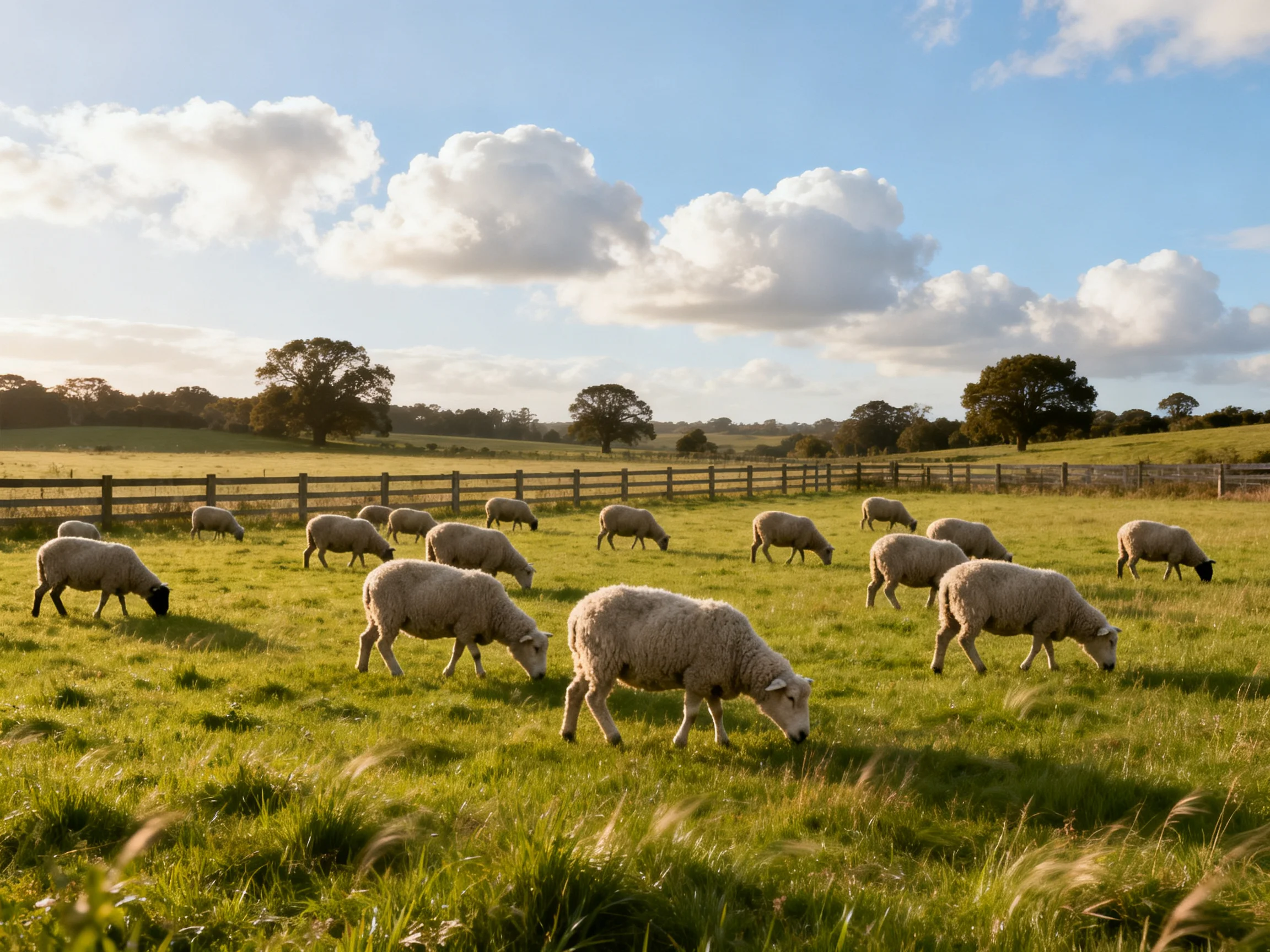 A flock of white sheep grazing in a sunlit green pasture