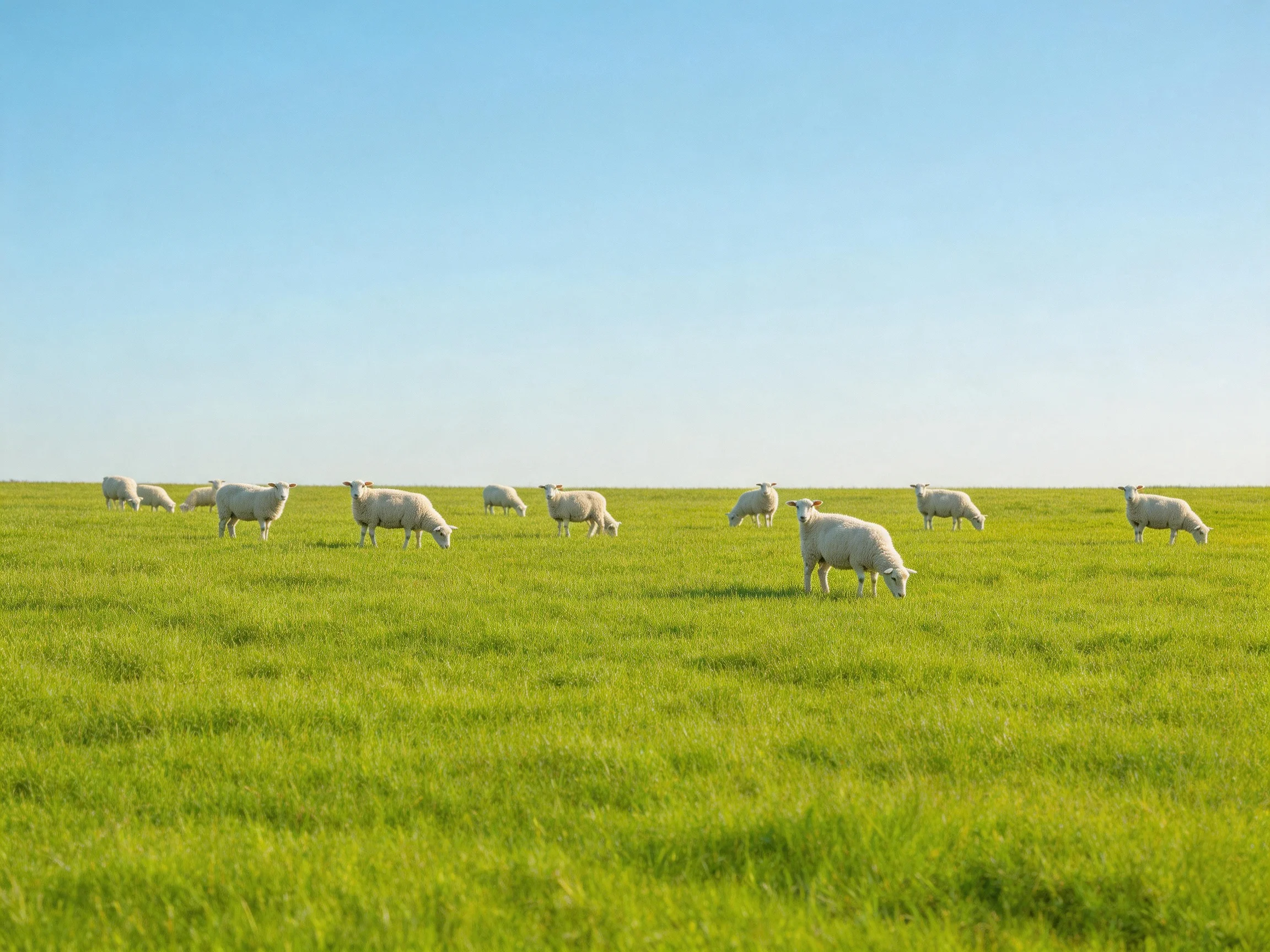 A flock of white sheep grazing in a vast green meadow underclear blue sky
