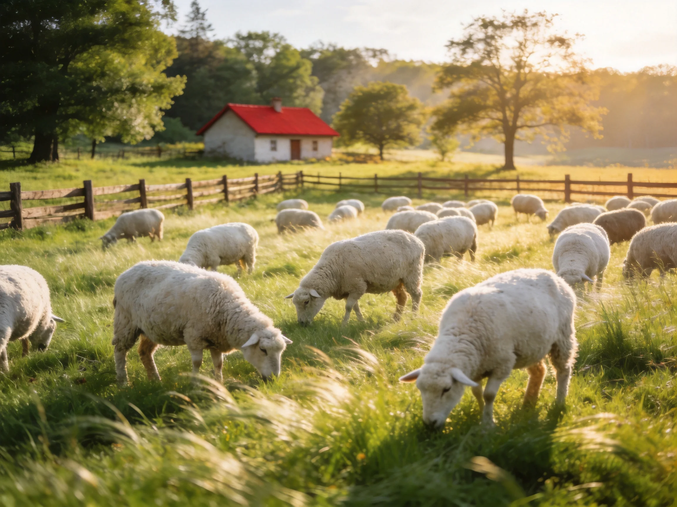 A flock of white sheep grazes in a sunlit pasture with a red-roofed cottage.