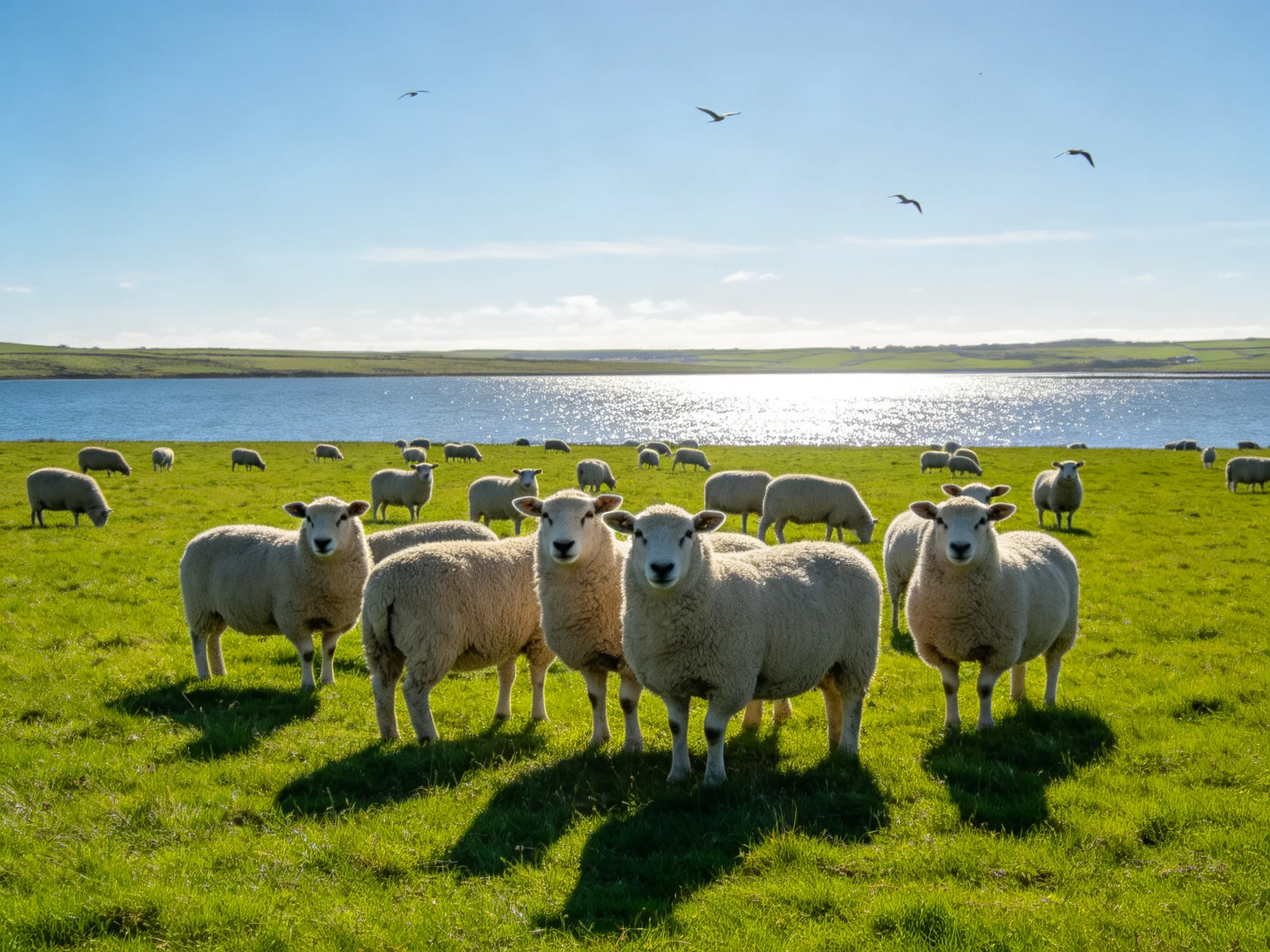 Sheep gather on lush green grass beside a reflective body of water under clear skies.