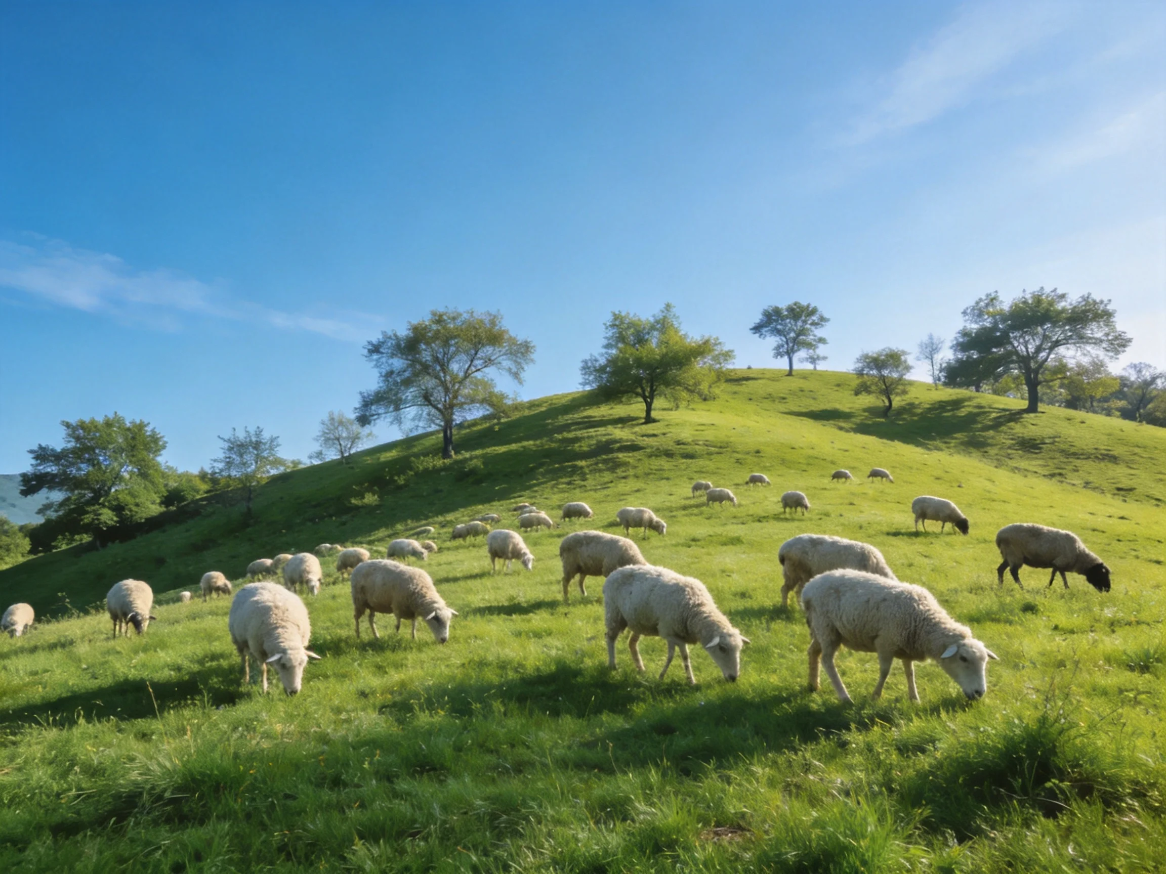 A flock of white sheep grazing on a lush green hillside under clear blue skies