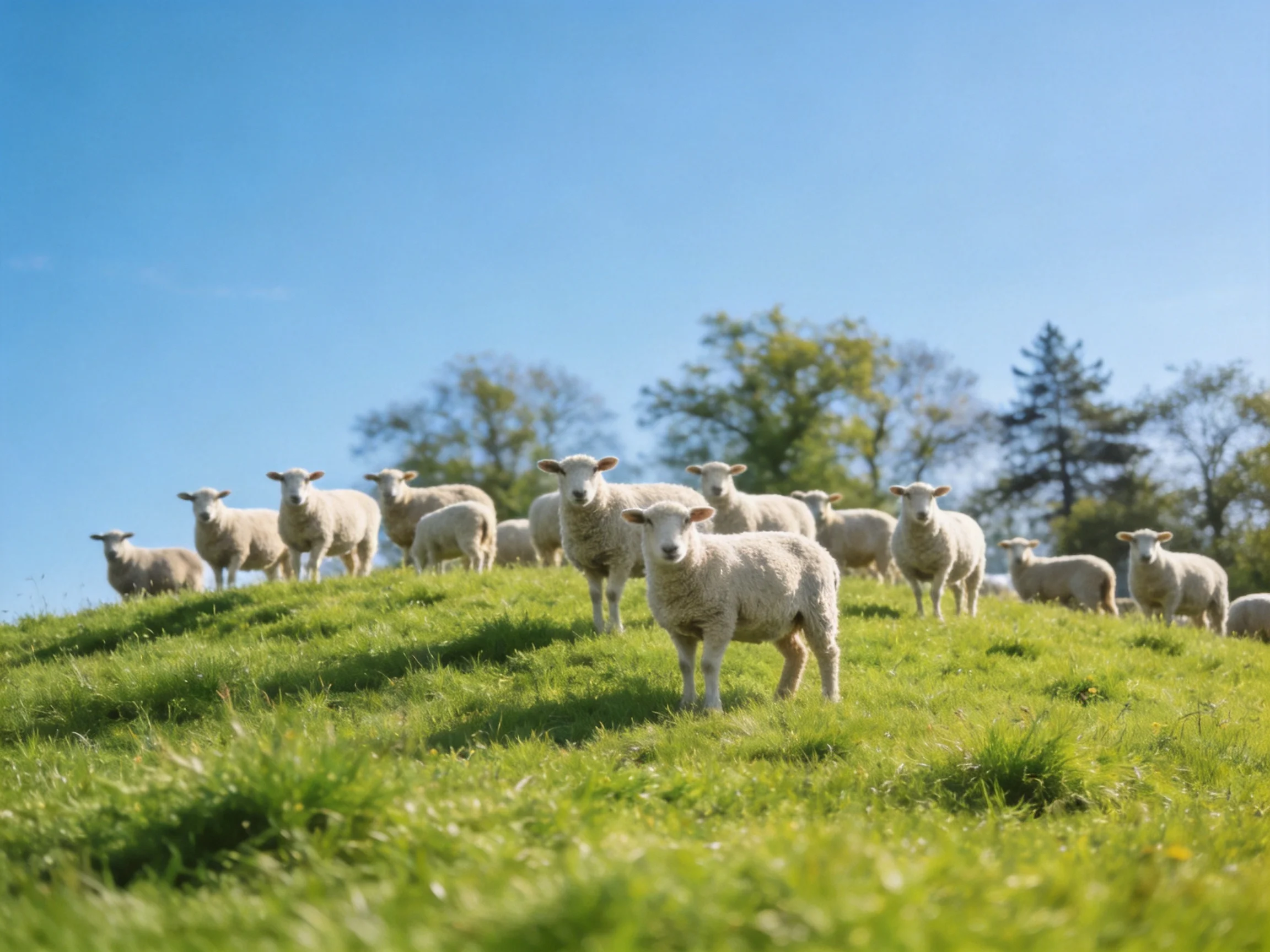 Sheep gather on a grassy hill with trees and a bright blue sky.