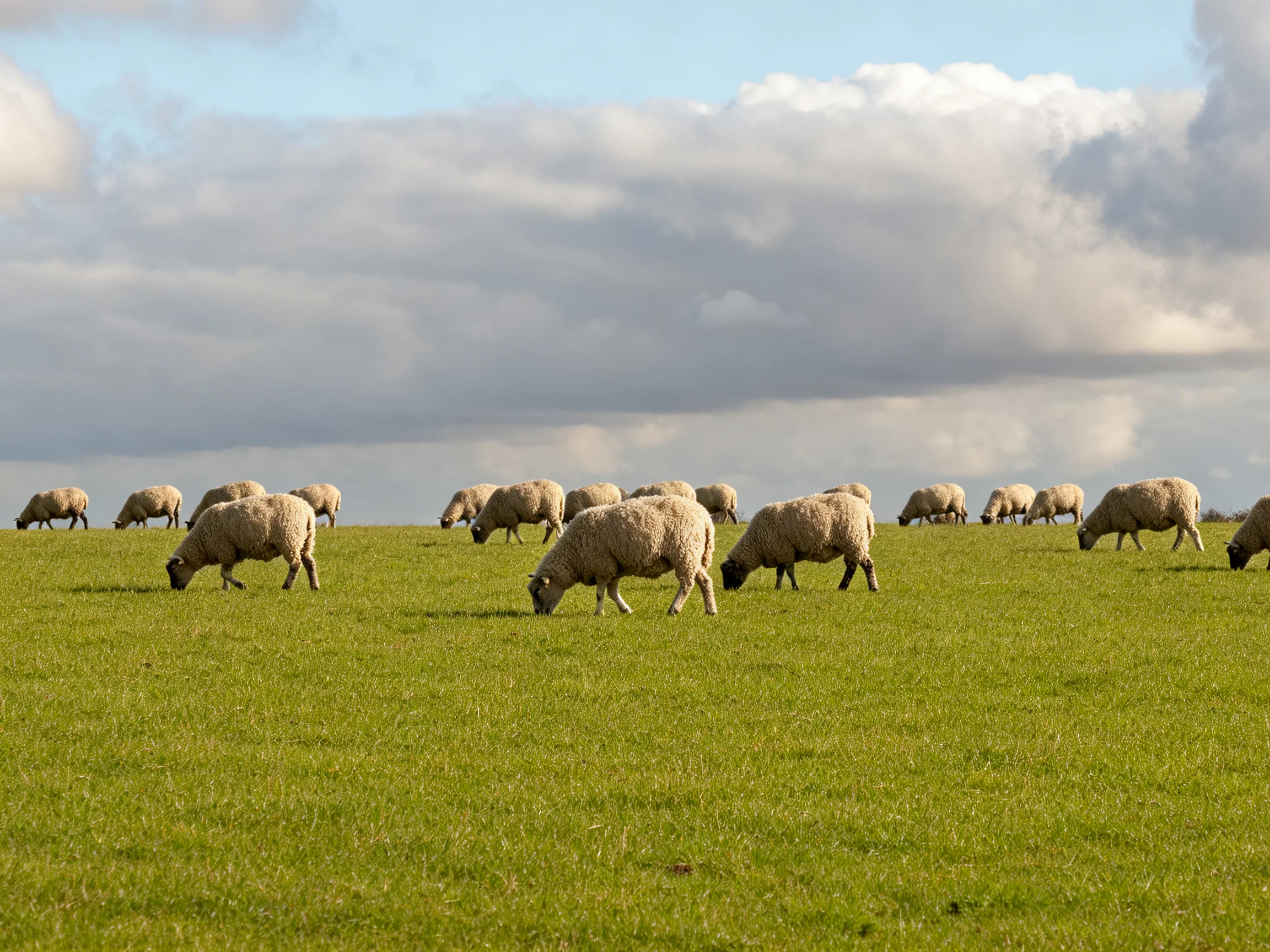 A flock of white sheep grazing on a lush green meadow under cloudy skies