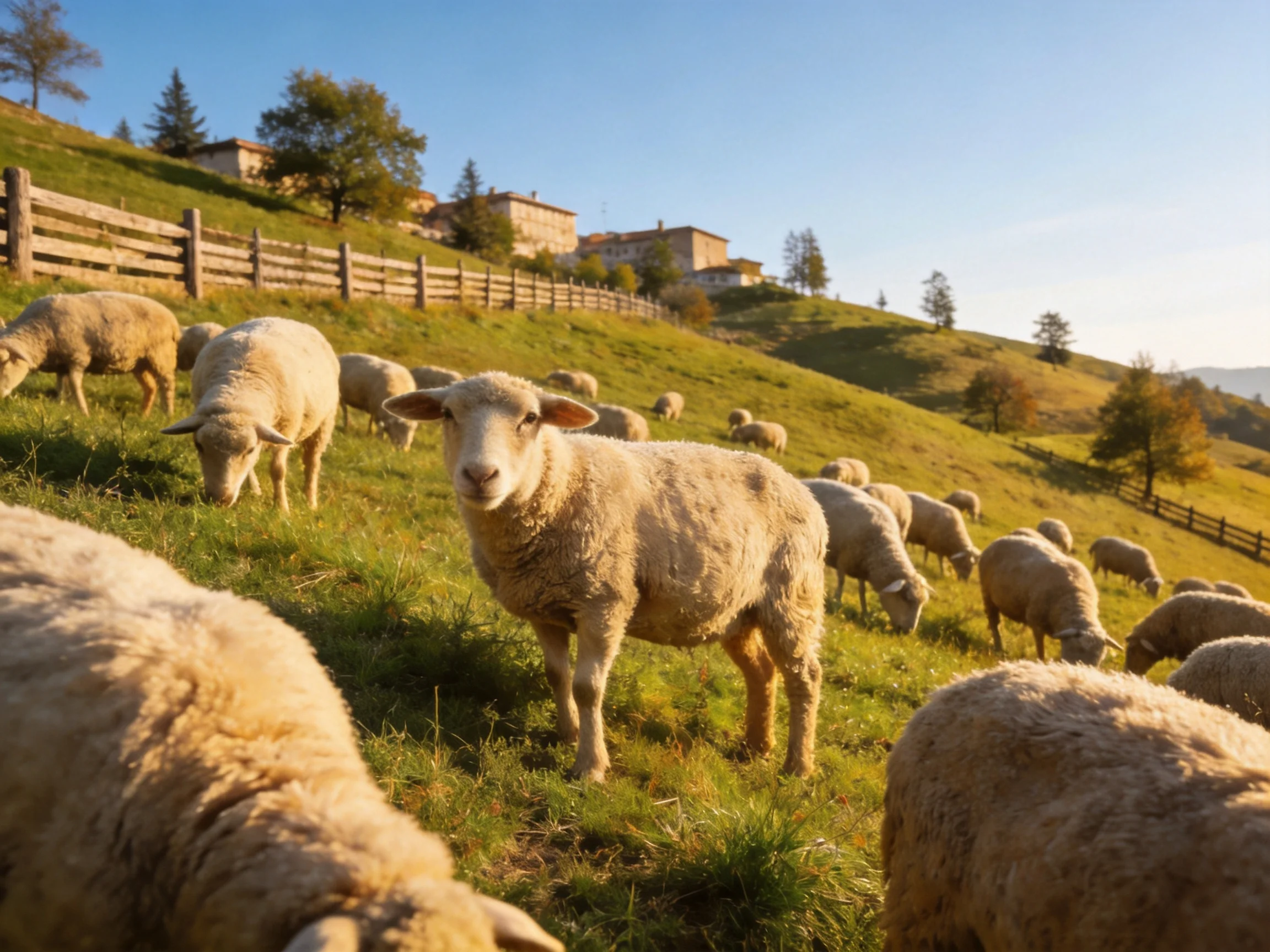A flock of white sheep grazing on a sunlit green hillside near rustic buildings