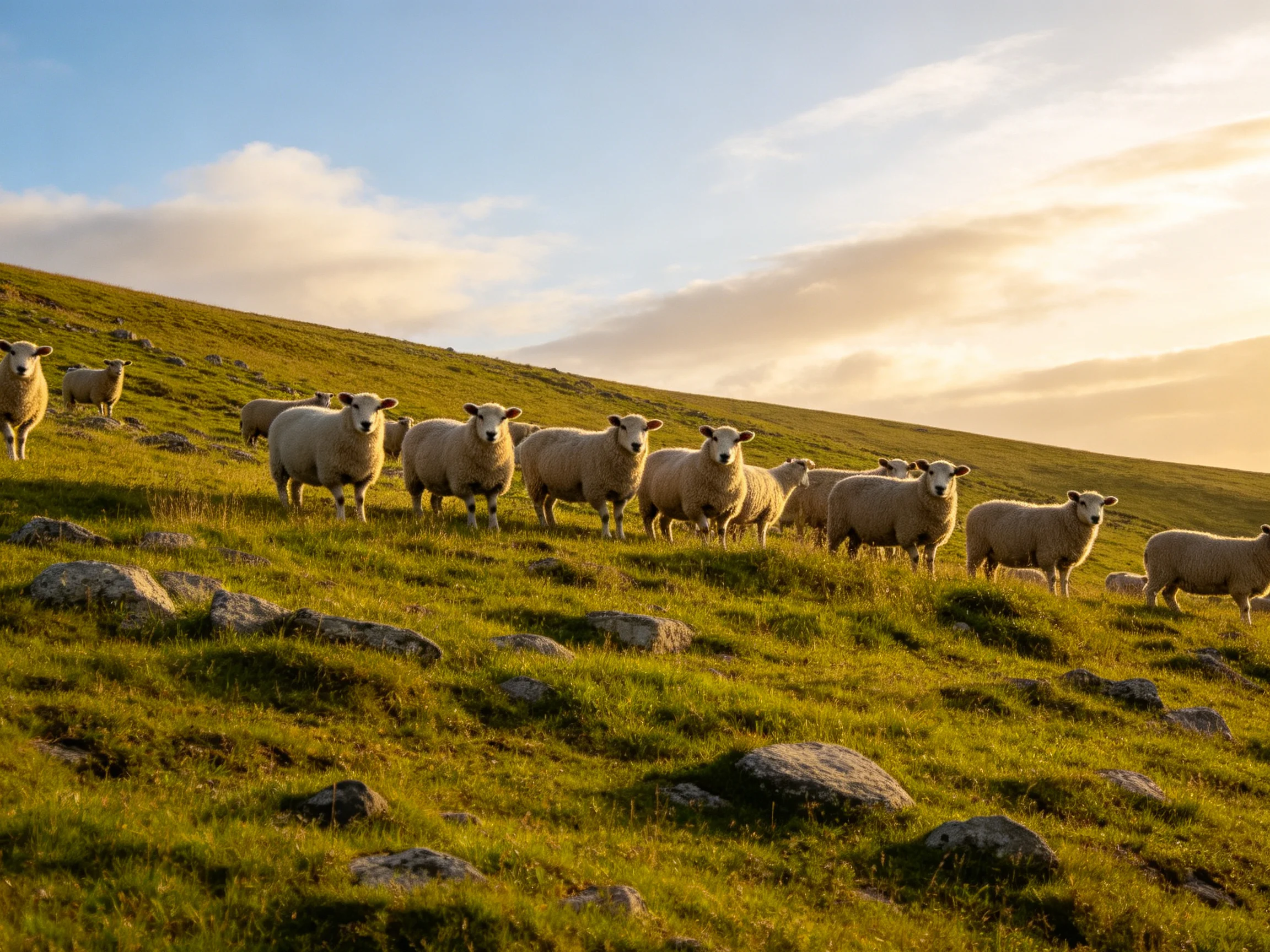 A flock of white sheep grazing on a sunlit green hillside