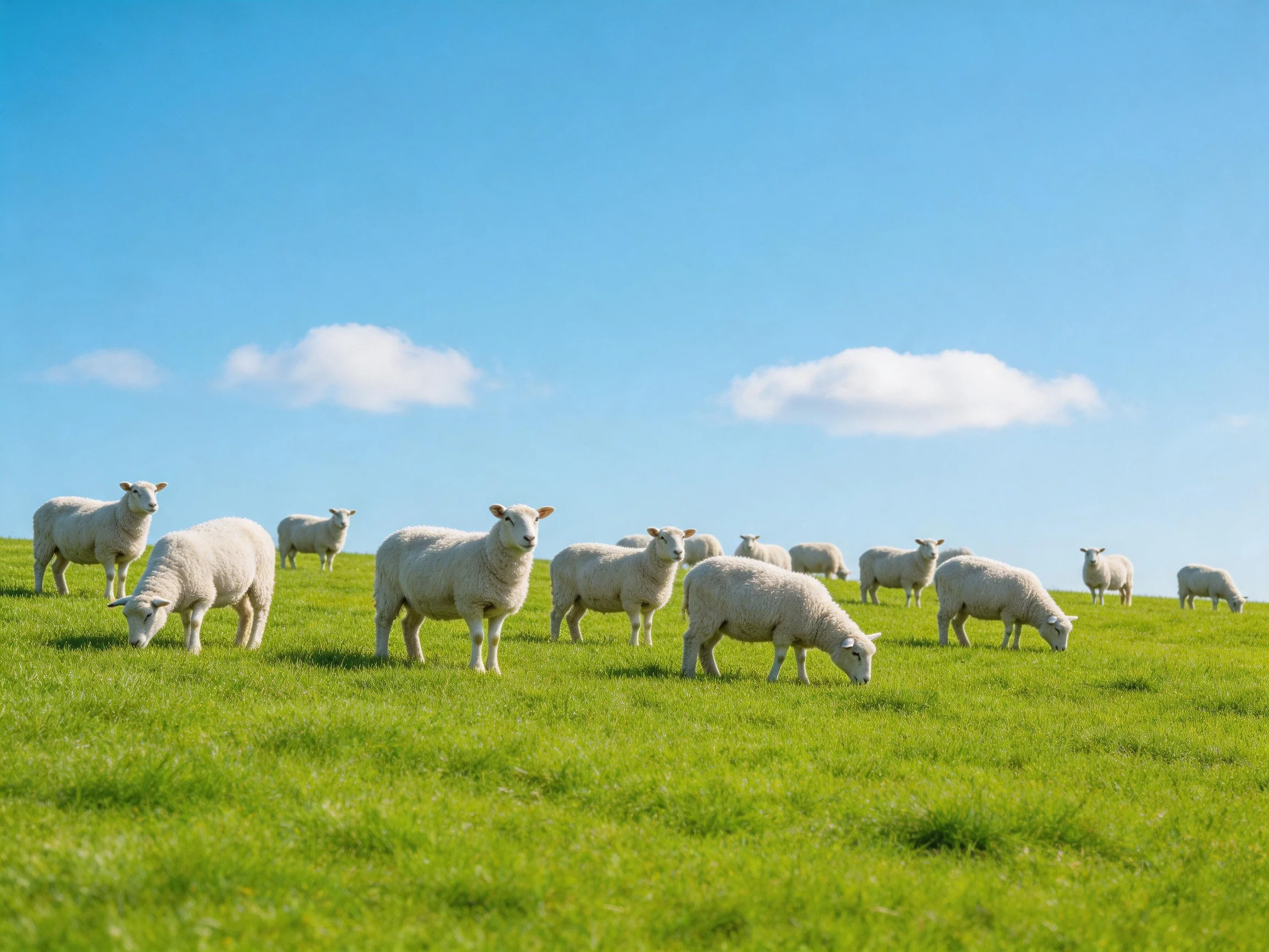 A flock of white sheep grazing on lush green hillside under clear blue sky
