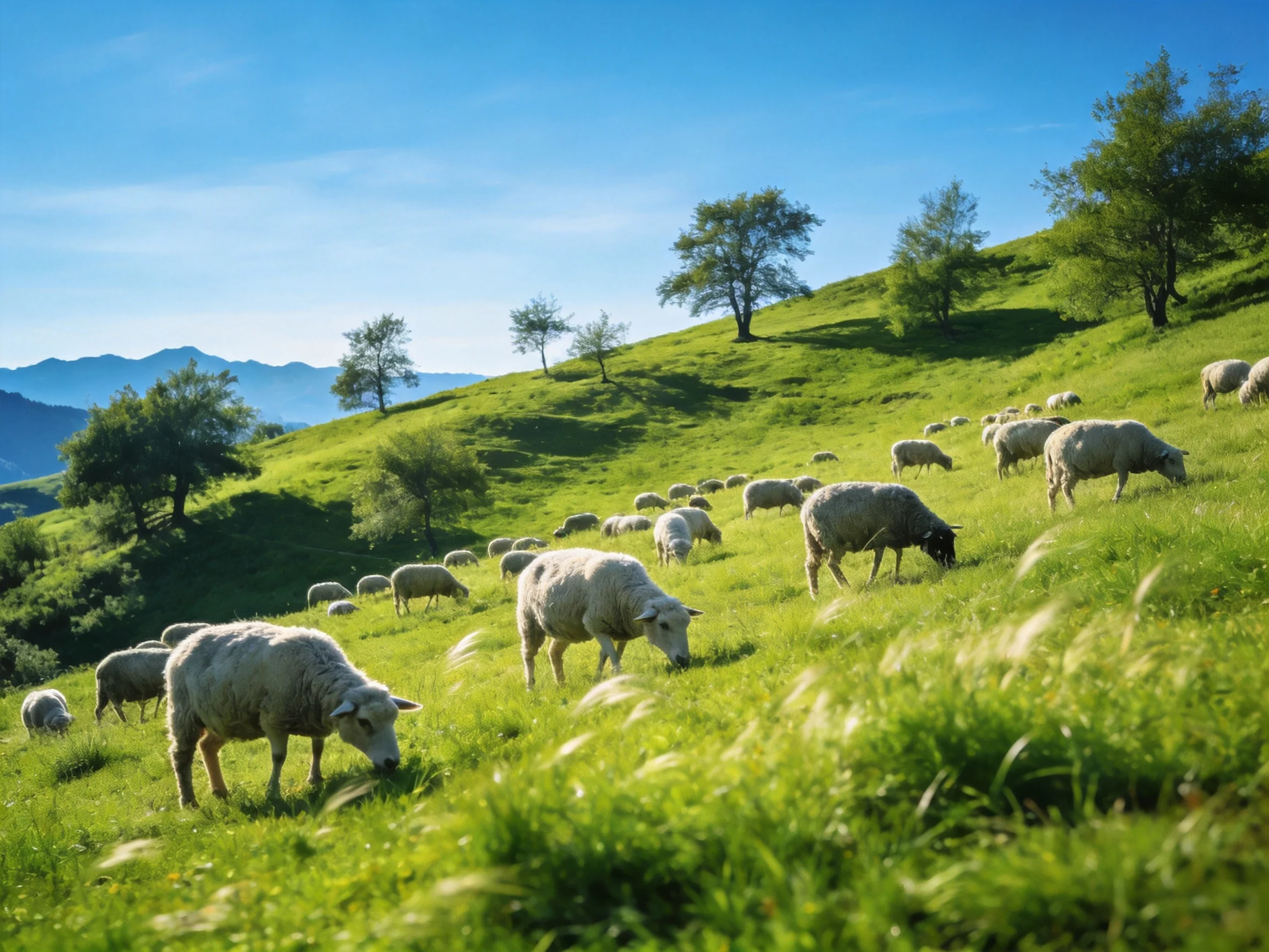 A flock of white sheep grazing on lush green rolling hills under clear blue skies