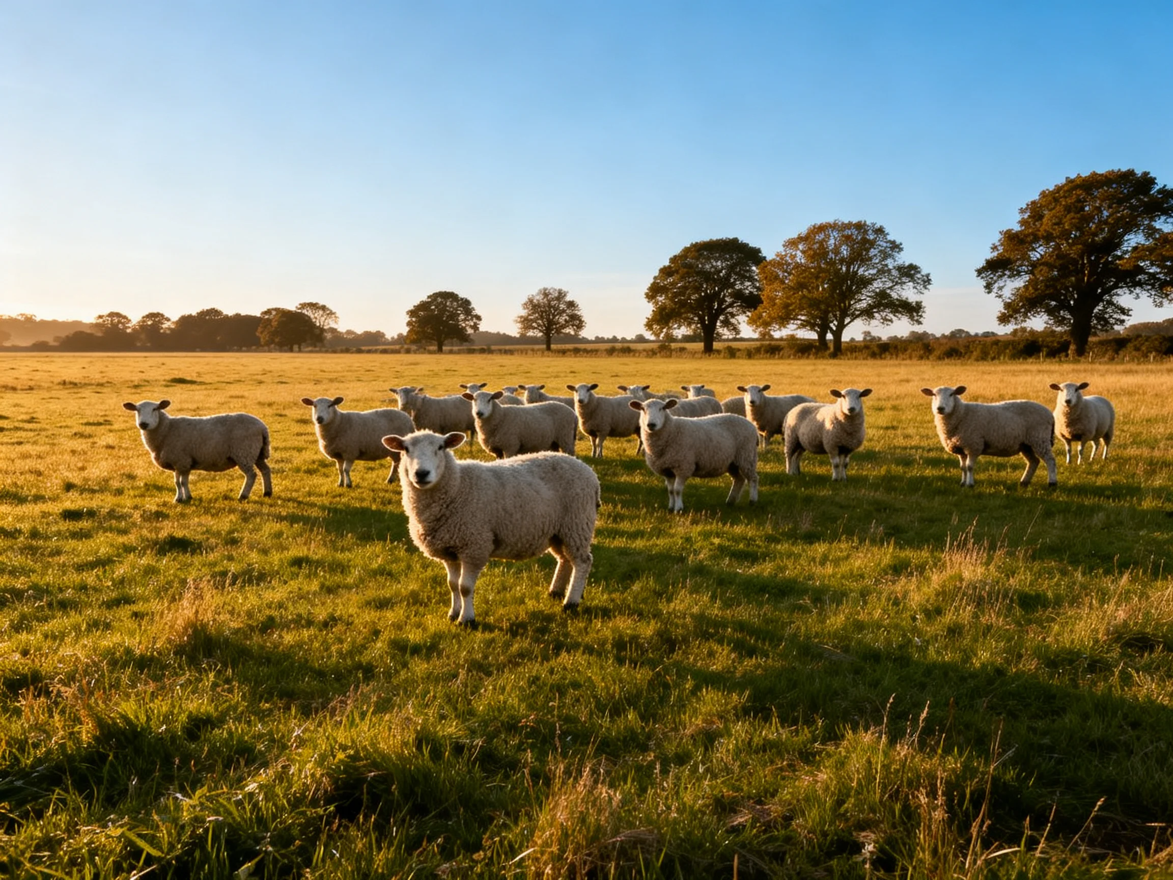A flock of white sheep in a golden-green meadow with distant trees
