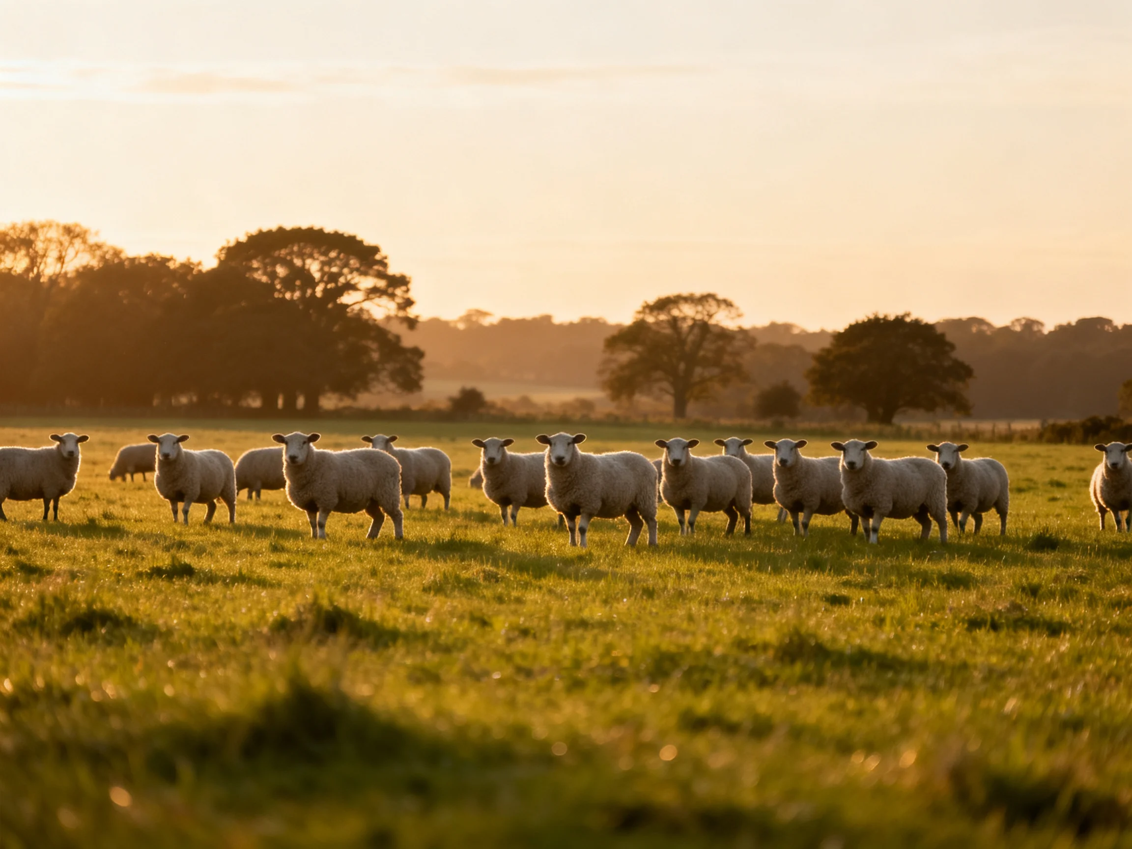 A flock of white sheep in a golden-hued meadow with distant trees