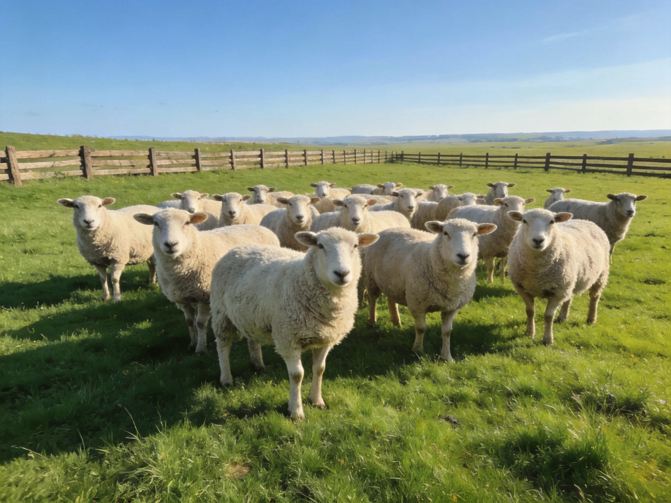 A flock of white sheep in a green fenced pasture