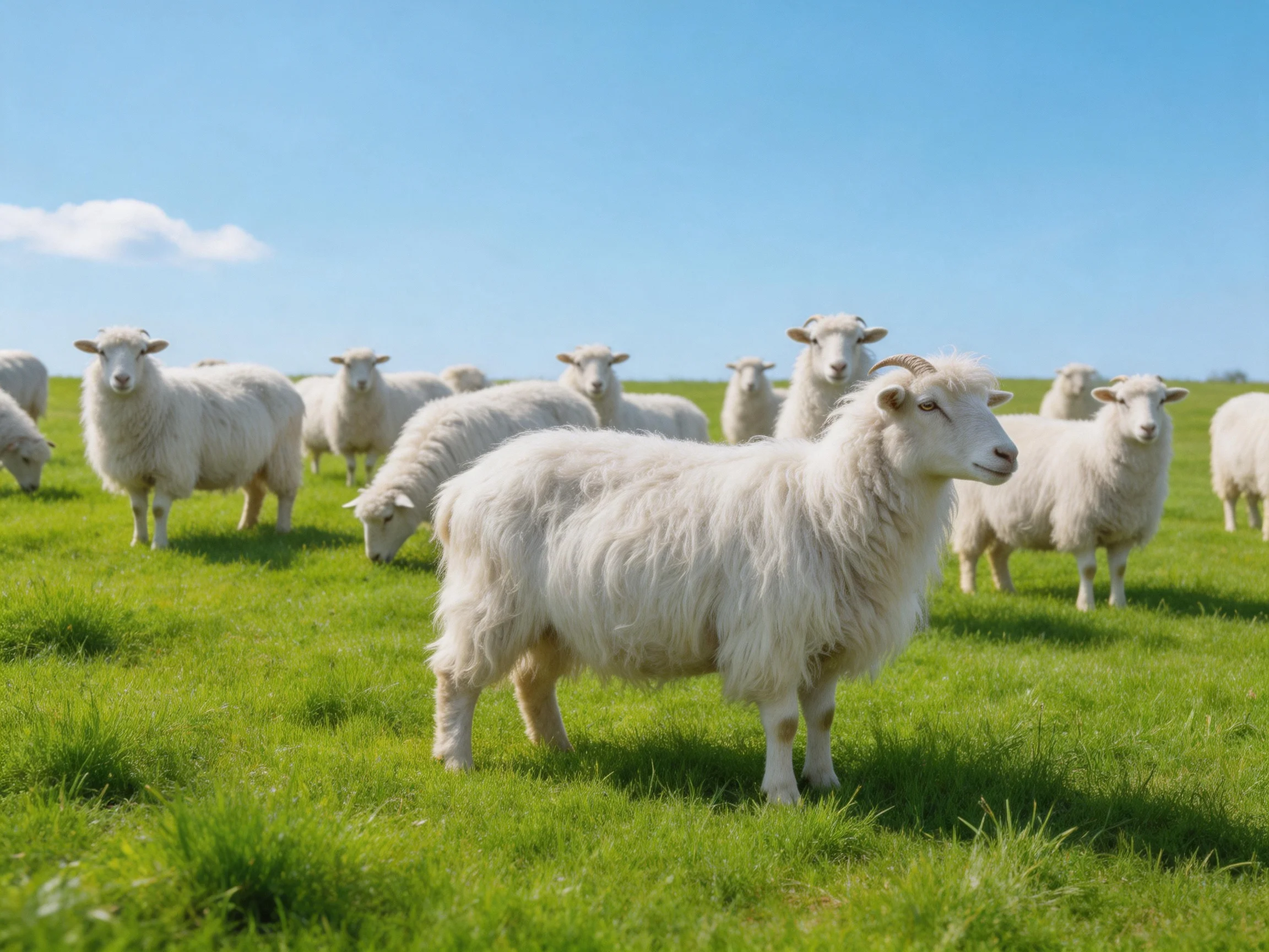 White sheep graze in a lush green meadow under a clear blue sky.