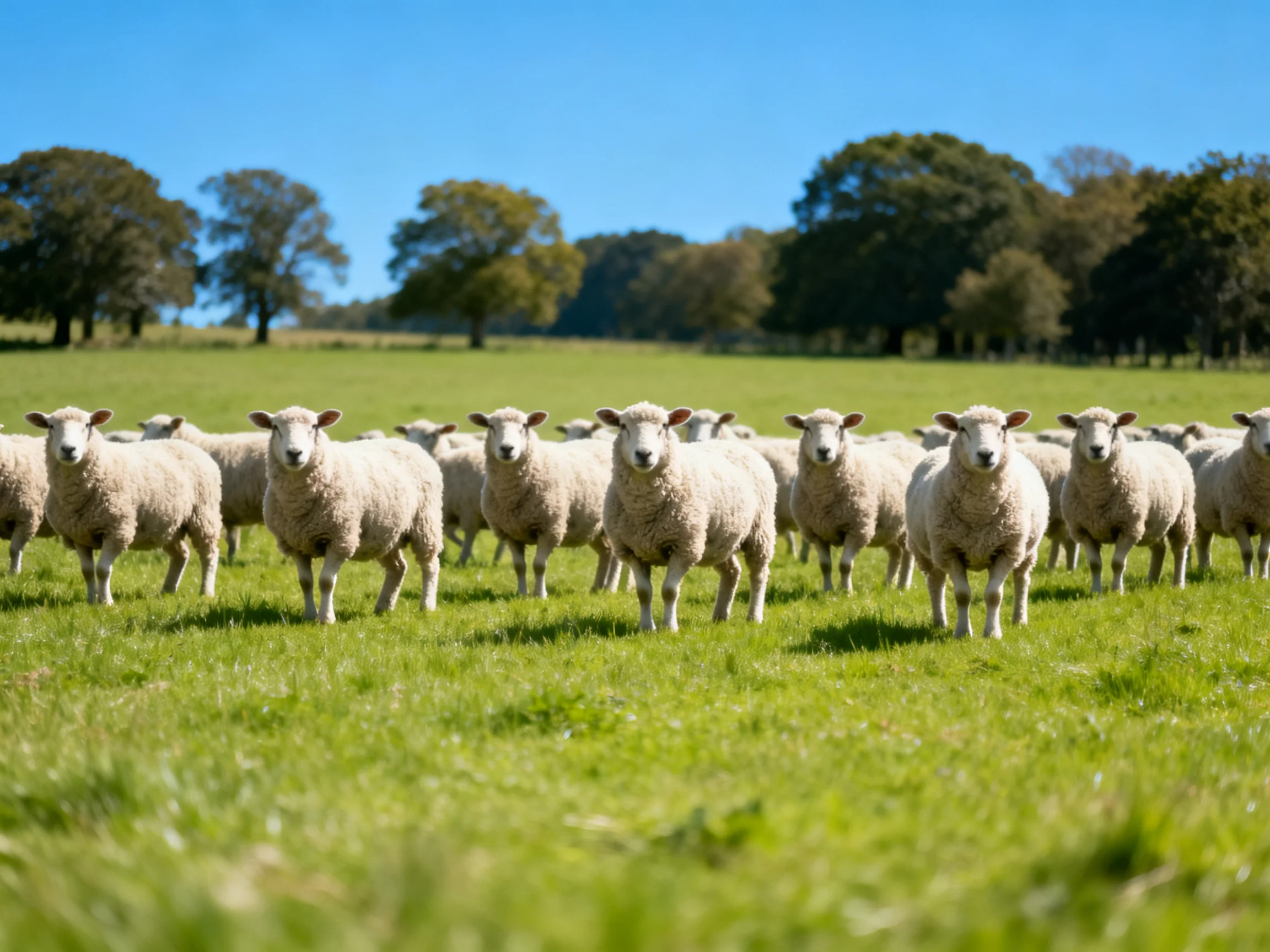 A flock of white sheep in a lush green pasture with distant trees