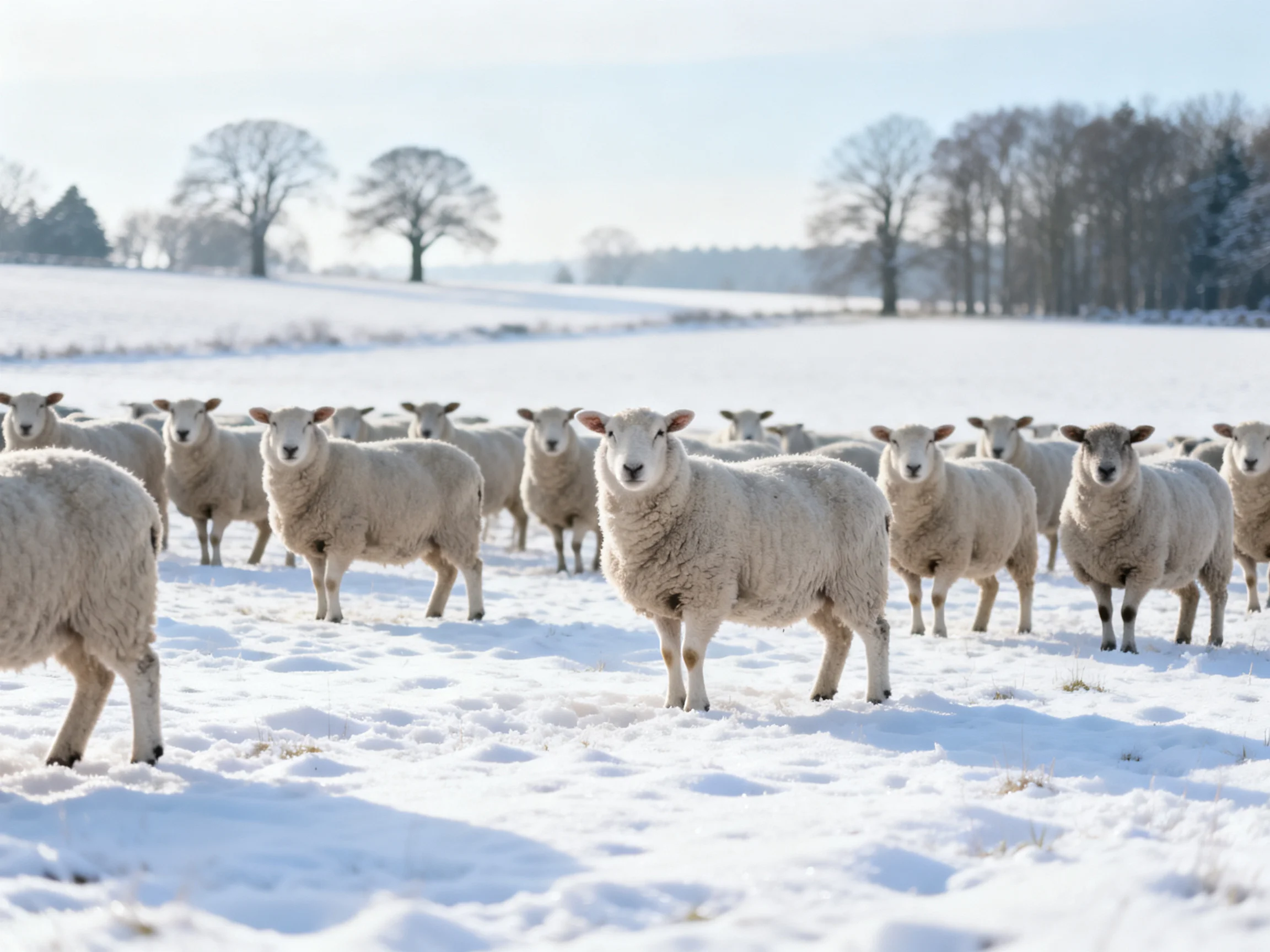 A flock of sheep stands together in a snowy pasture.