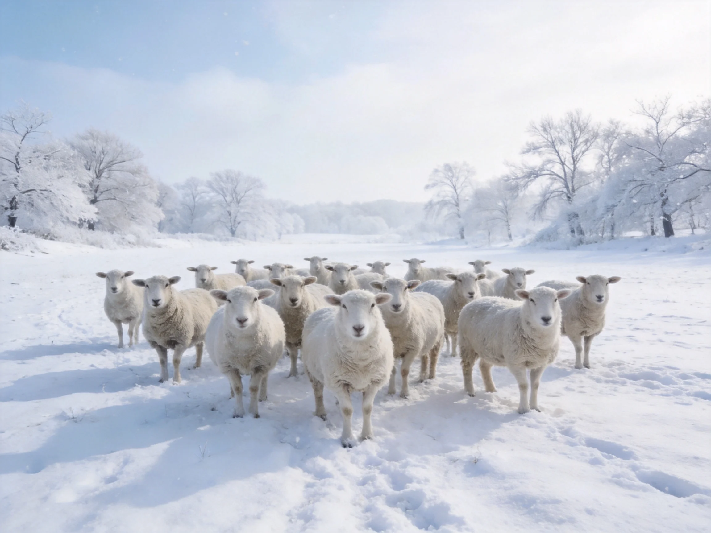 A flock of white sheep in a snow - covered winter landscape