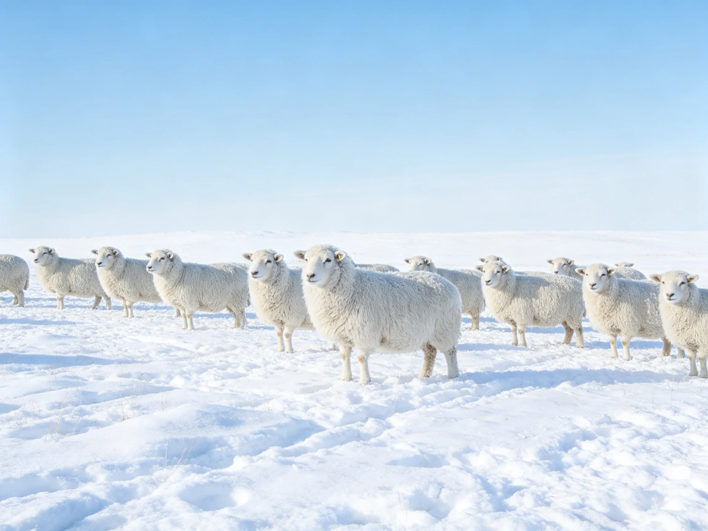 A flock of white sheep in a snowy field under a clear blue sky