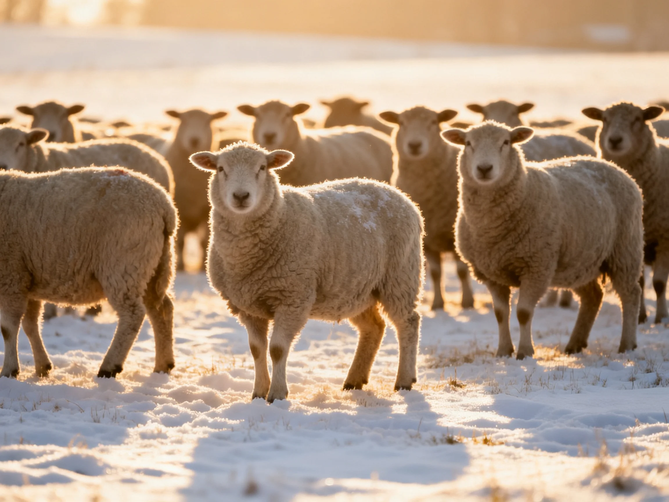 A flock of white sheep in a snowy winter field