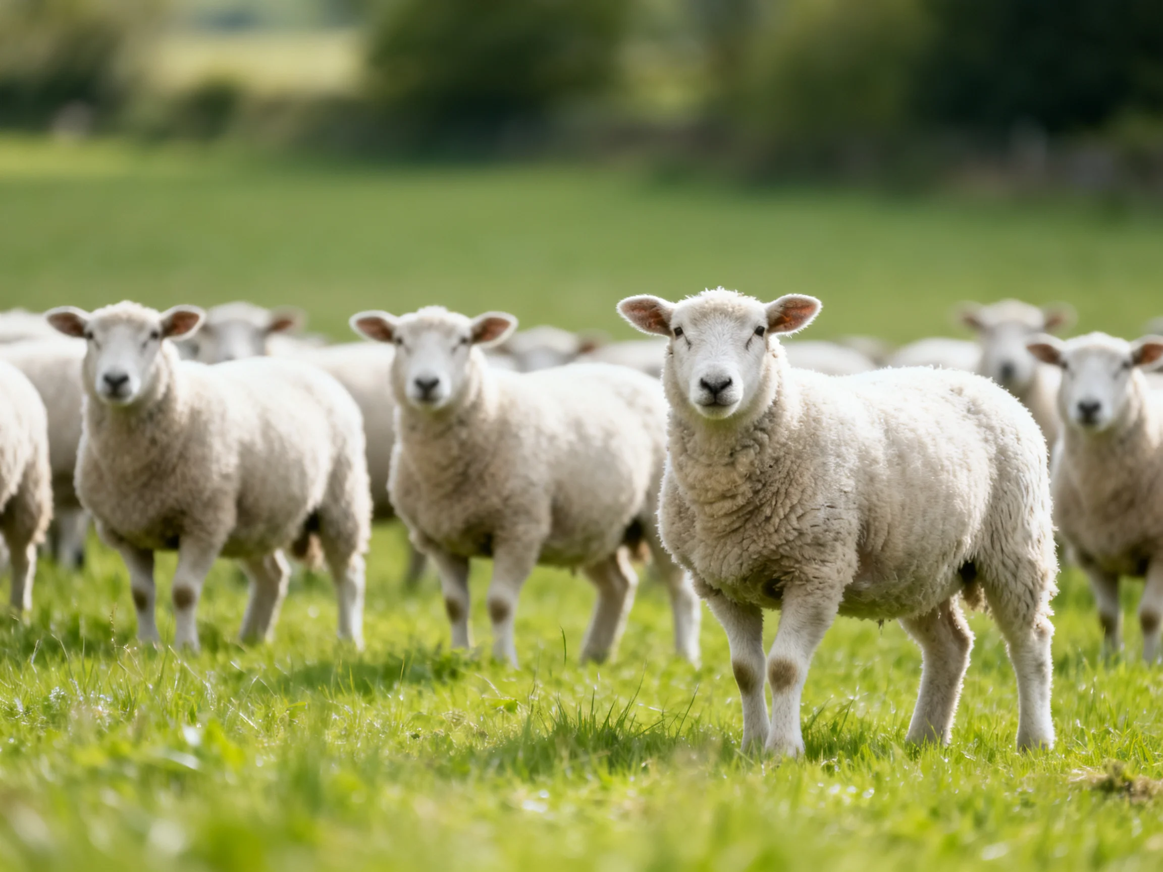 A flock of white sheep in a sun-dappled green pasture