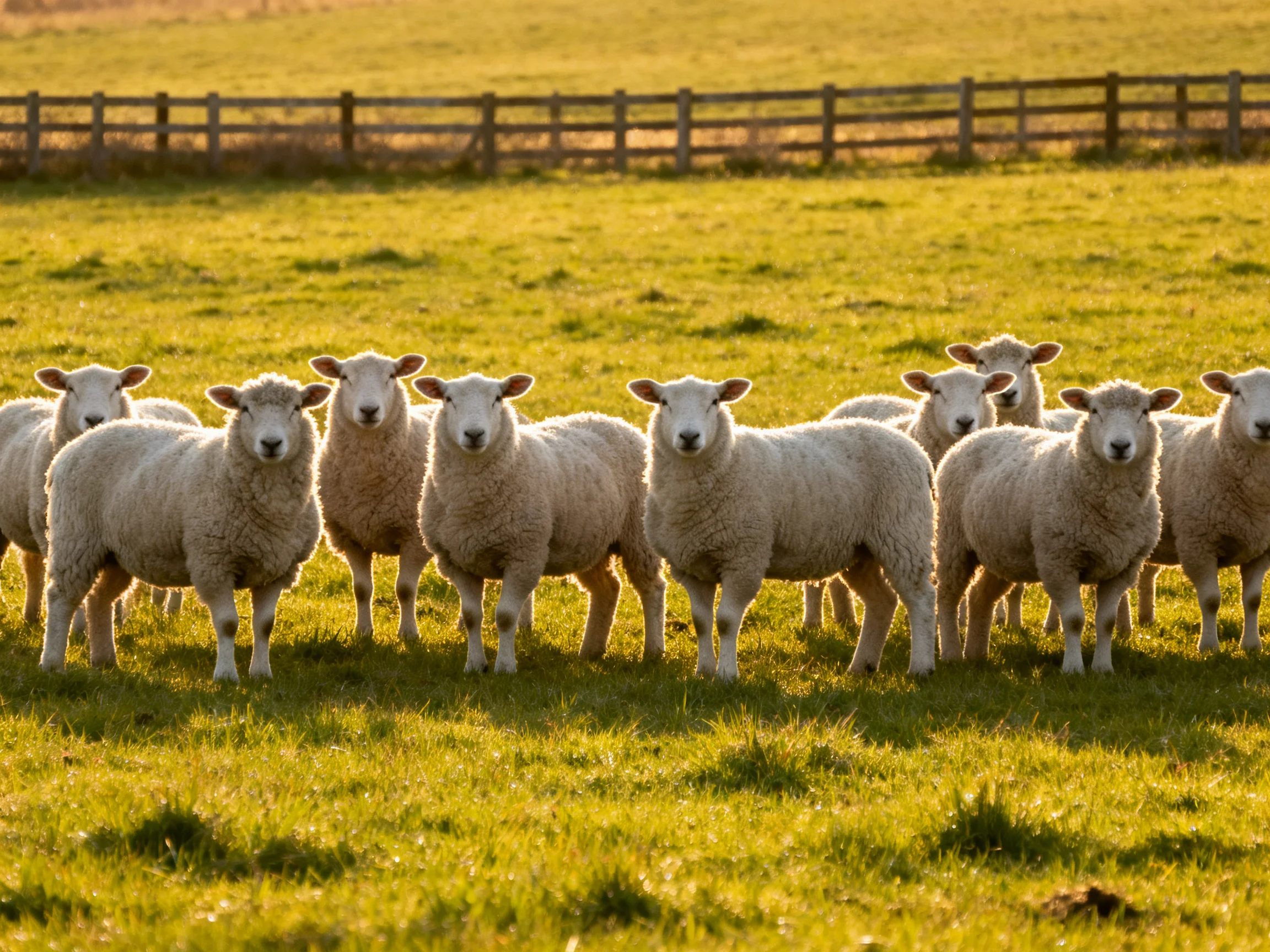 A flock of white sheep in a sun-drenched green pasture with a wooden fence