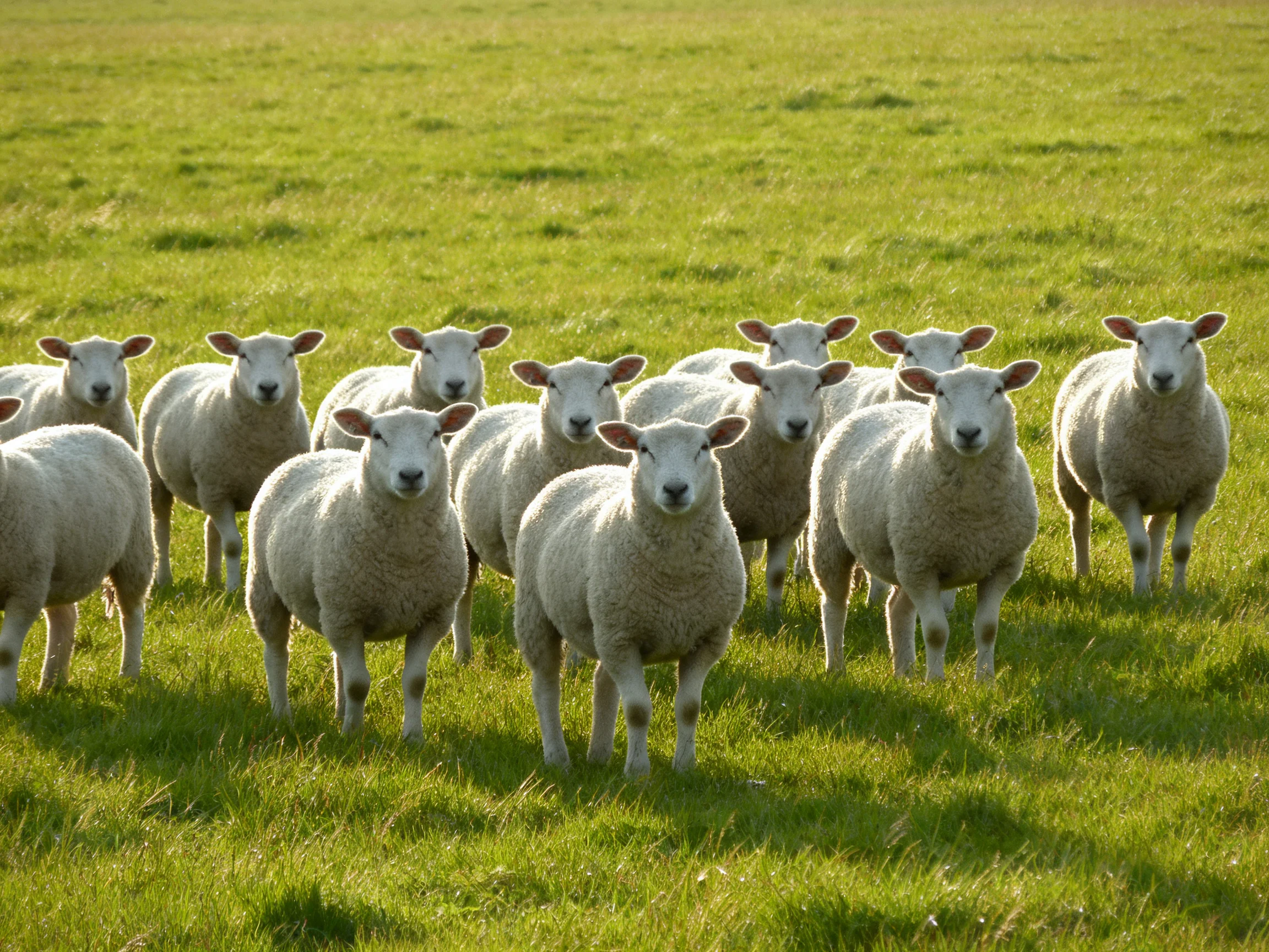 A flock of white sheep gathers in a sunlit green pasture.