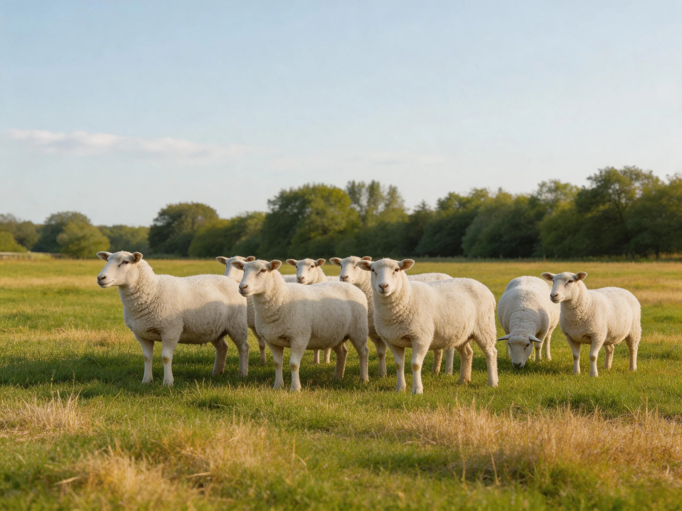White sheep gather peacefully in a sunlit green pasture.