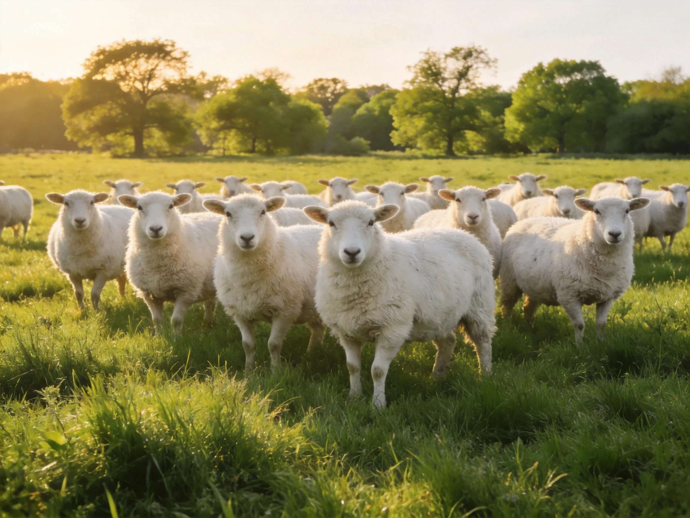 White sheep gather in a sunlit green pasture near trees.