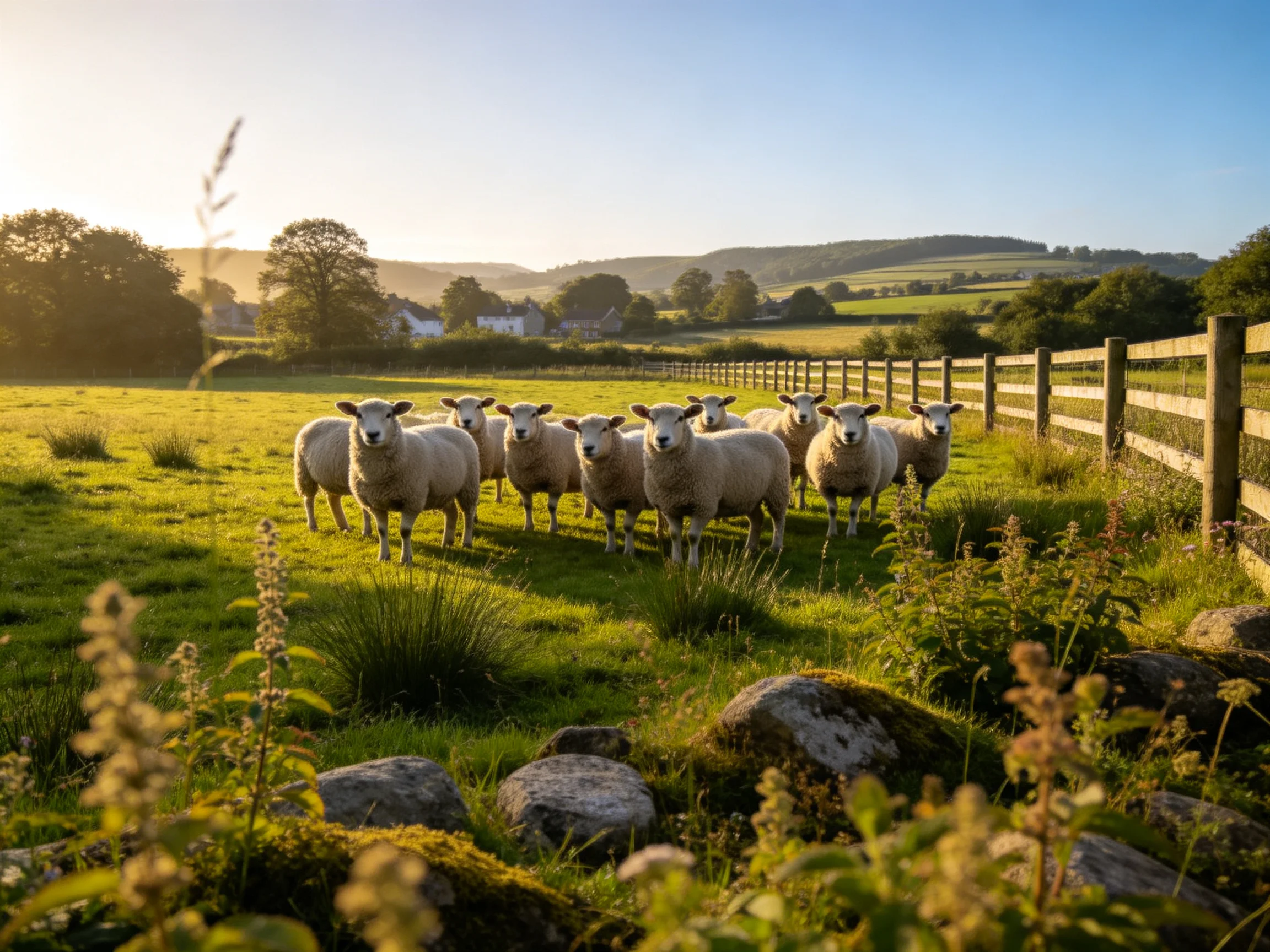 Sheep gather in a sunlit pastoral setting with a wooden fence