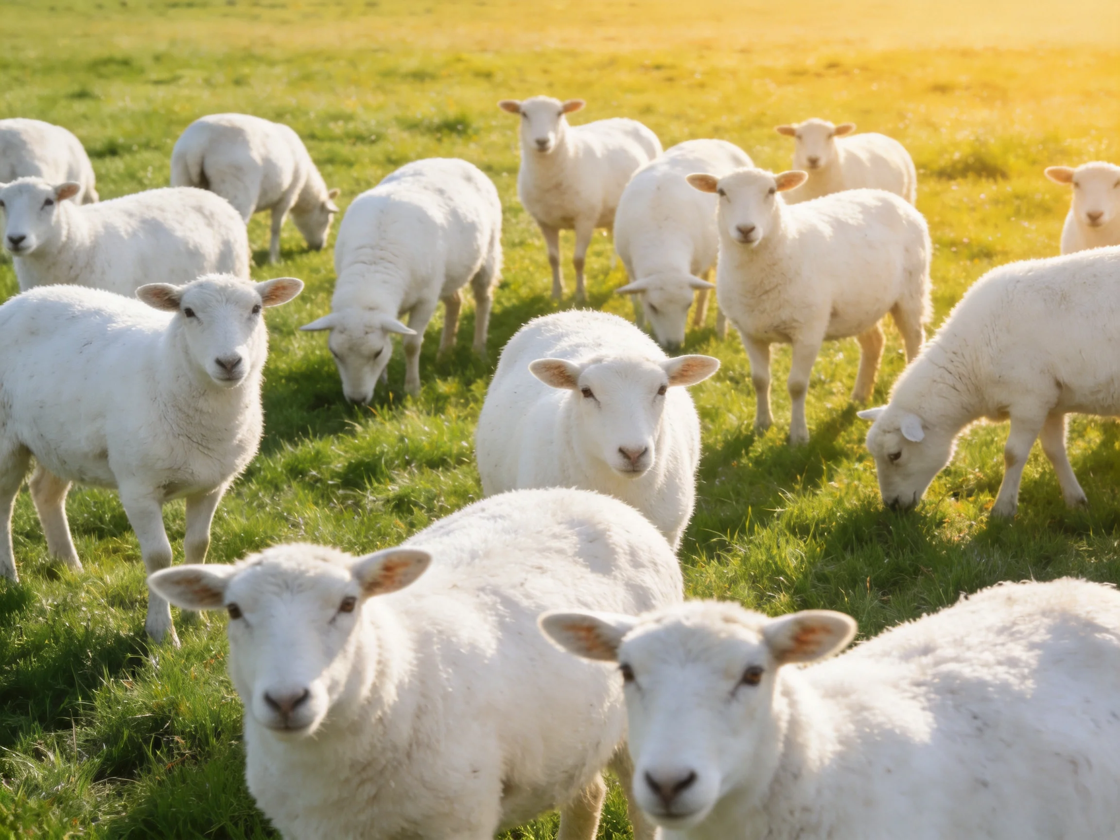 White sheep graze in a sunlit green meadow.