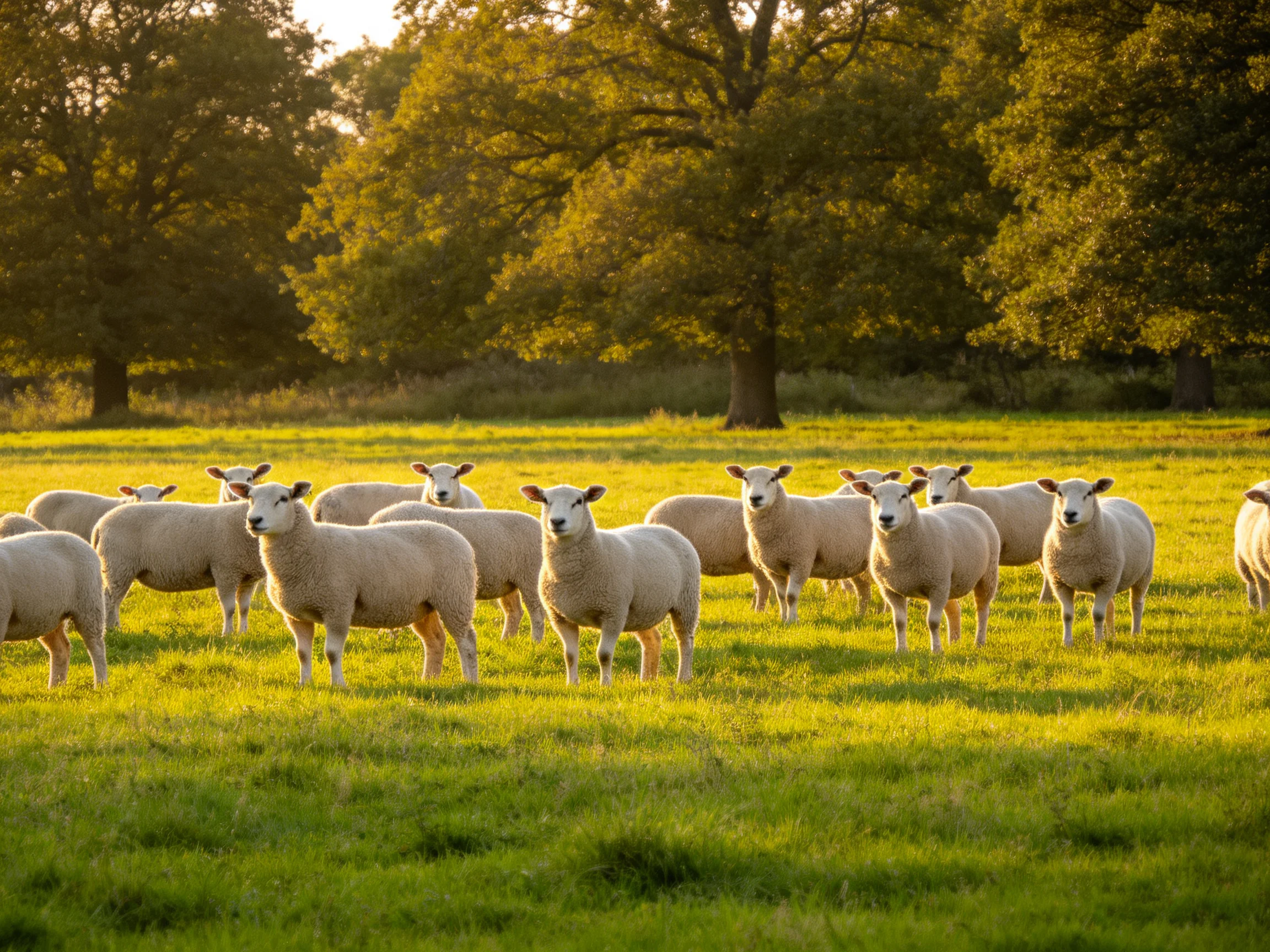 White sheep gather in a sunlit green pasture near large trees
