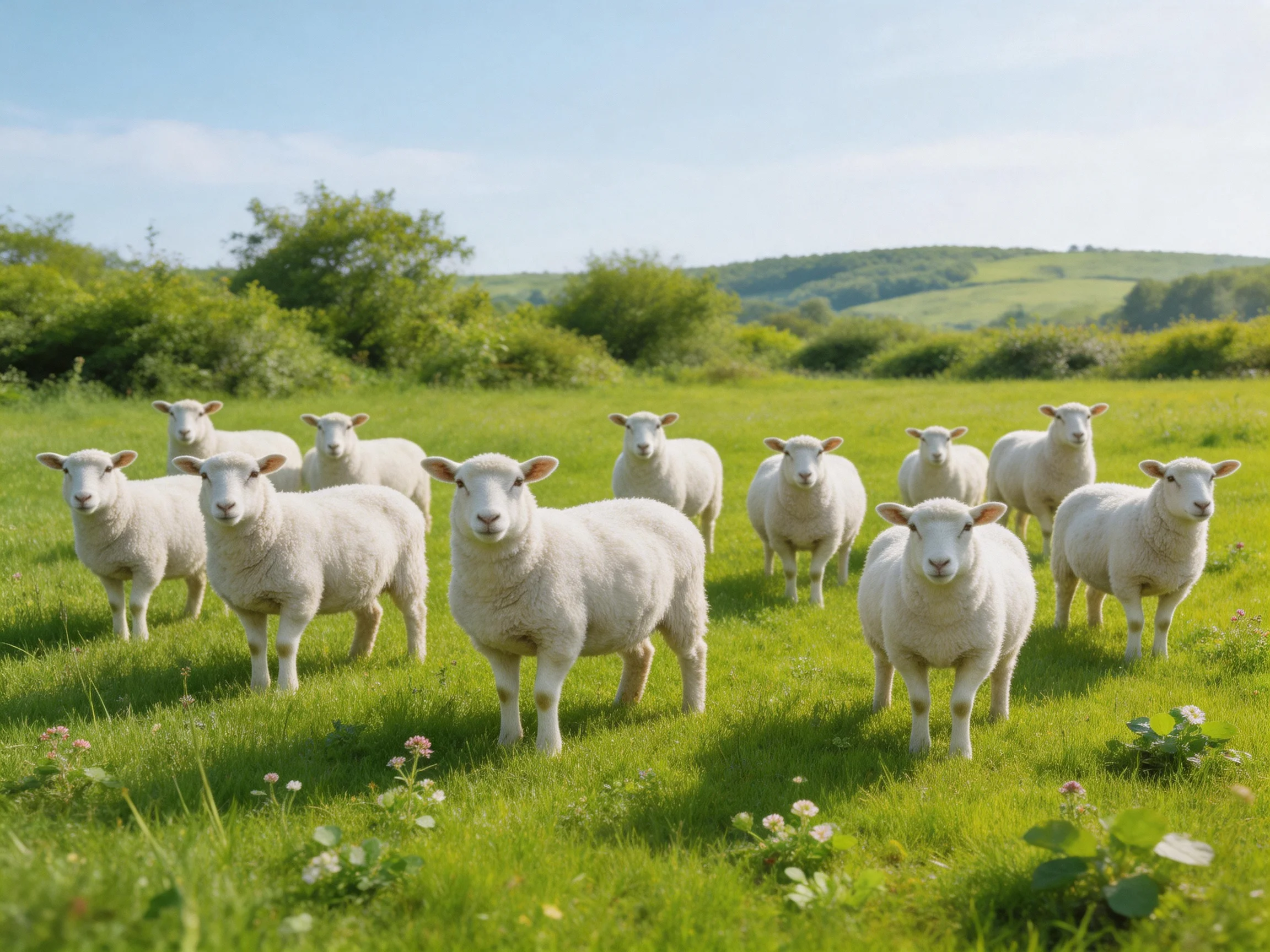 White sheep gather in a sunlit green pasture near rolling hills