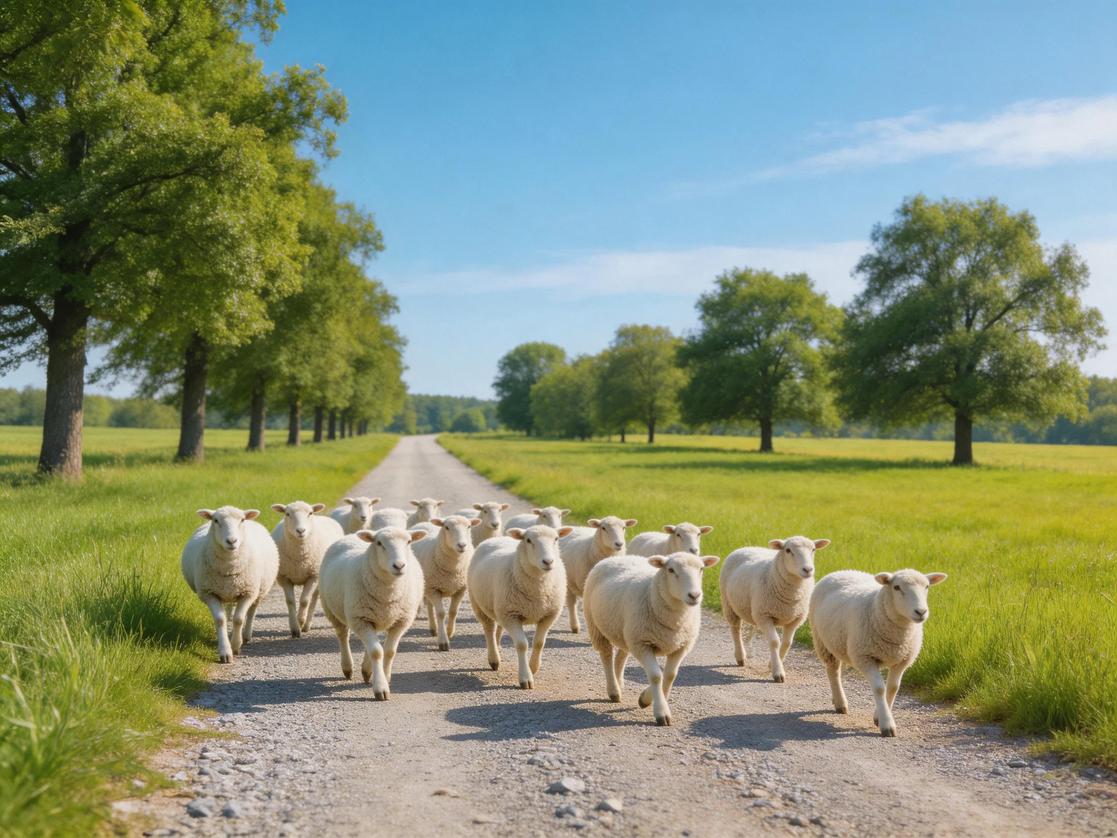 A flock of white sheep marching down a sunlit dirt path