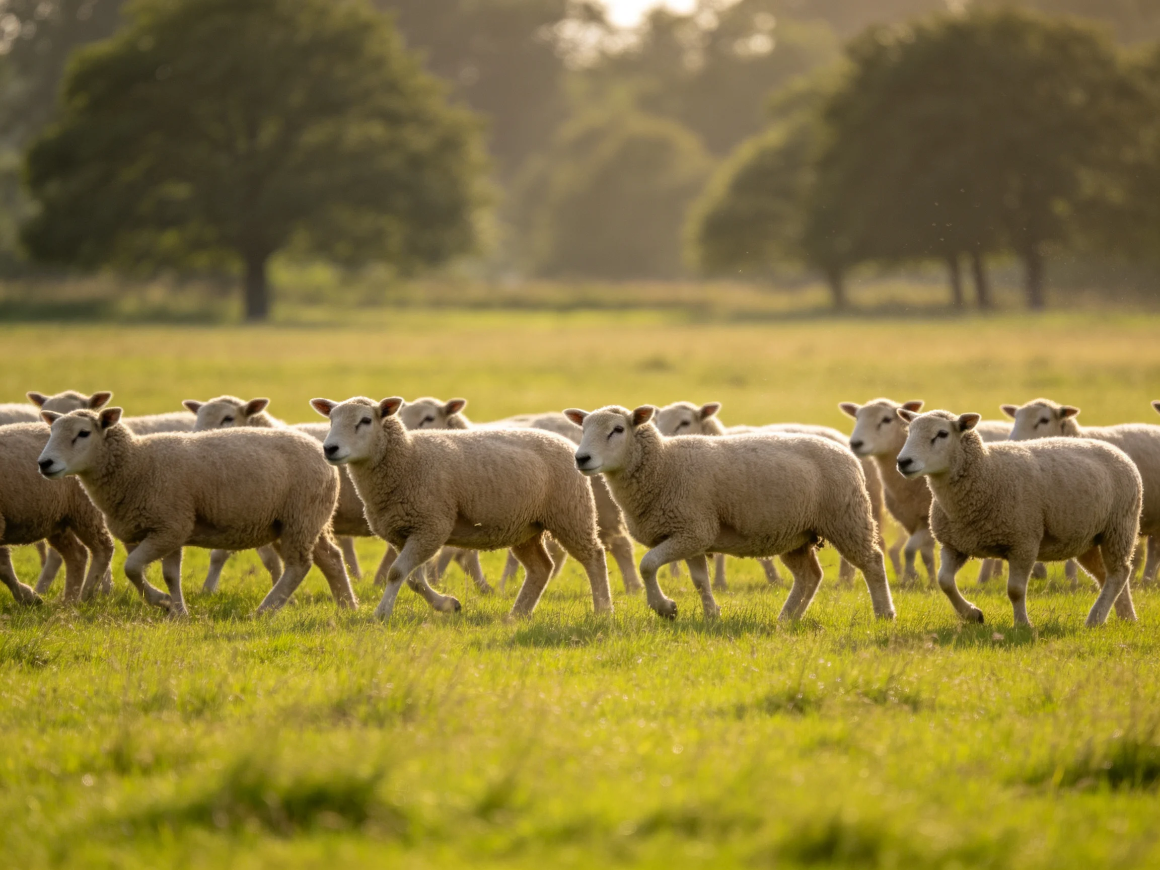 A flock of white sheep moving through a sunlit green pasture