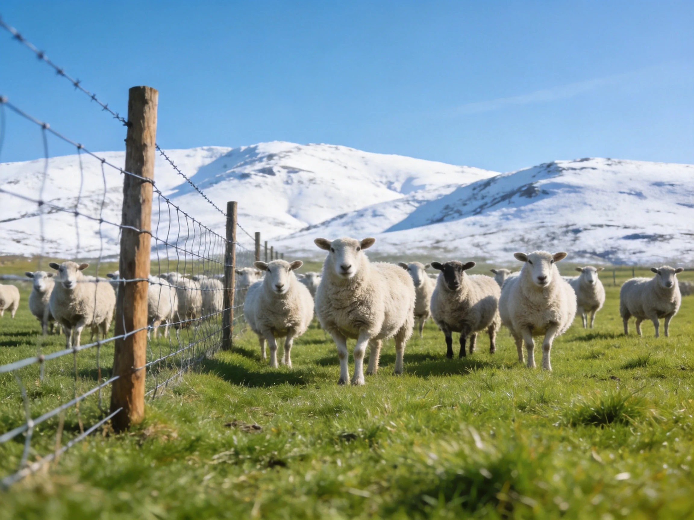 A flock of white sheep near a barbed wire fence with snow - capped mountains