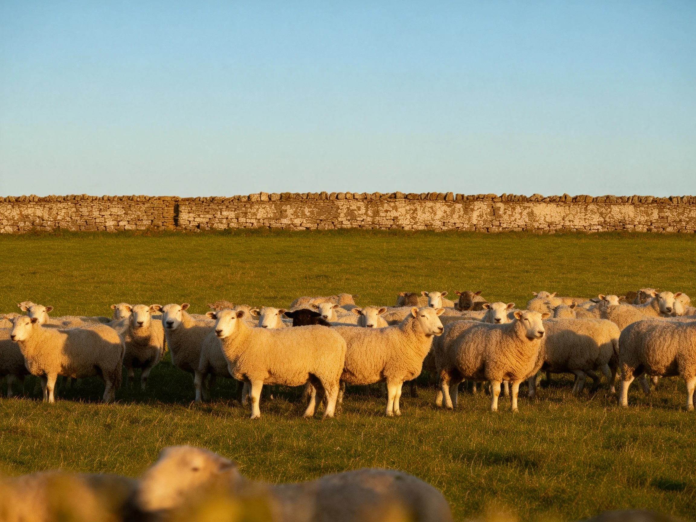 A flock of white sheep near an old stone wall under clear blue skies