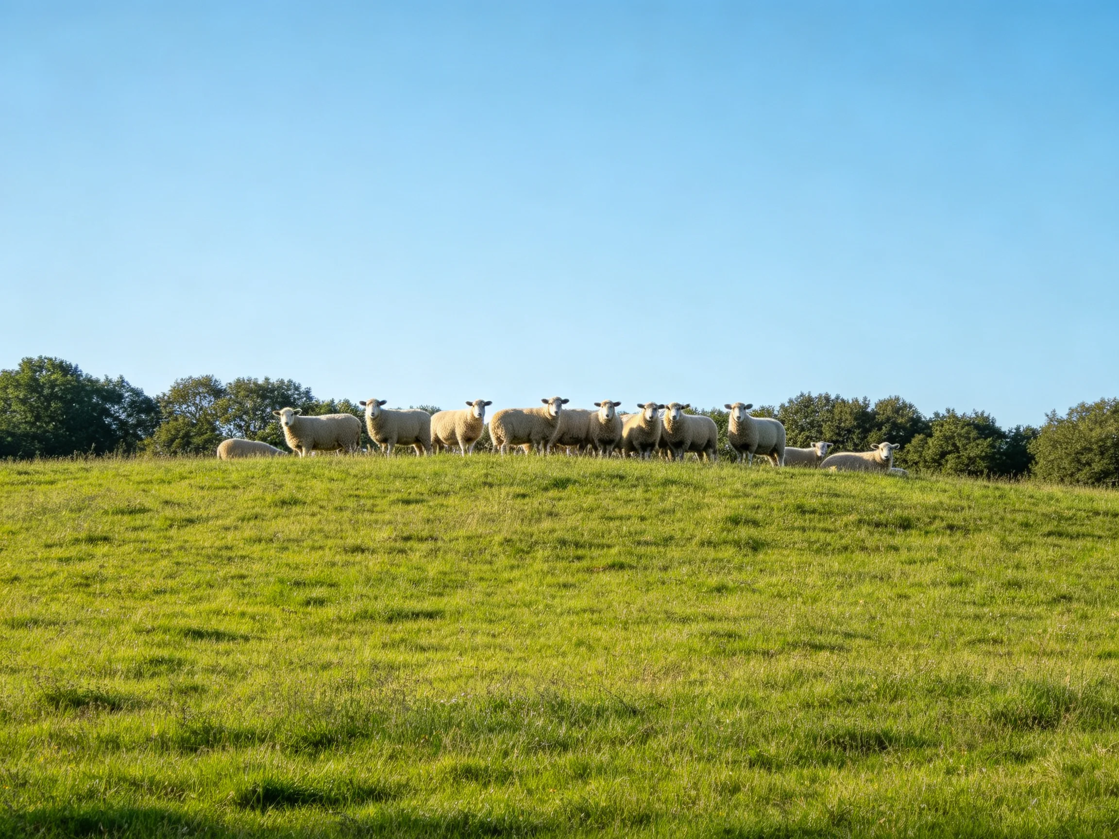 A group of sheep gathers on a grassy hill with trees and a clear sky.