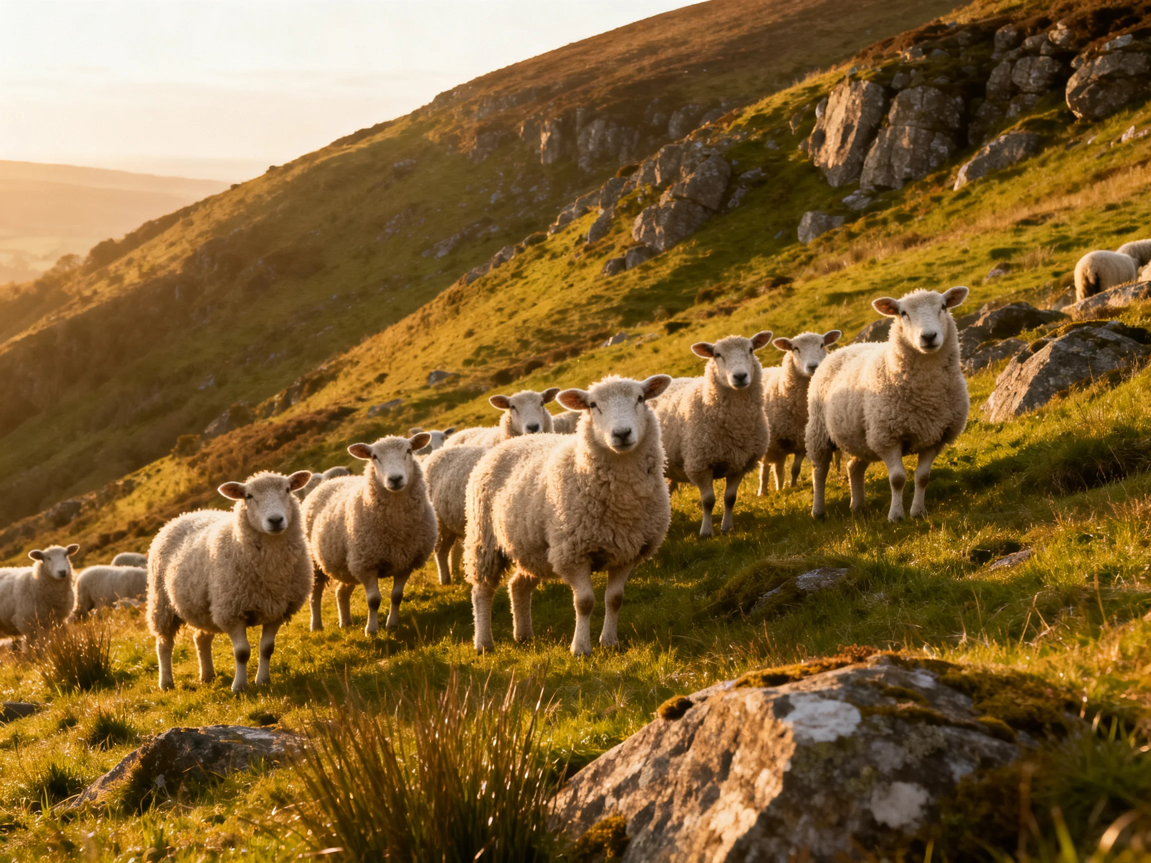 A flock of white sheep on a sunlit, rocky hillside