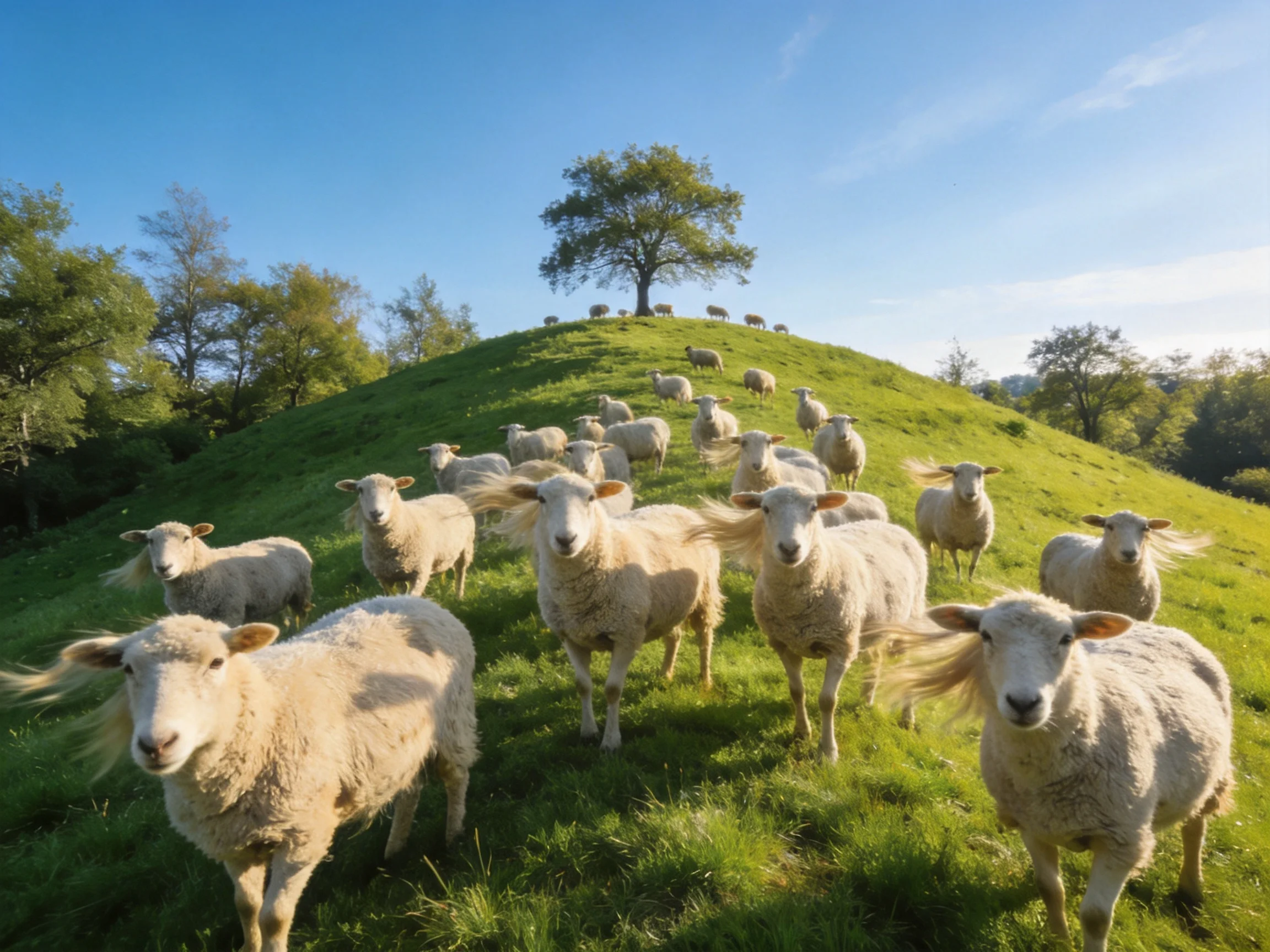 A flock of white sheep on a verdant hillside near a lone tree