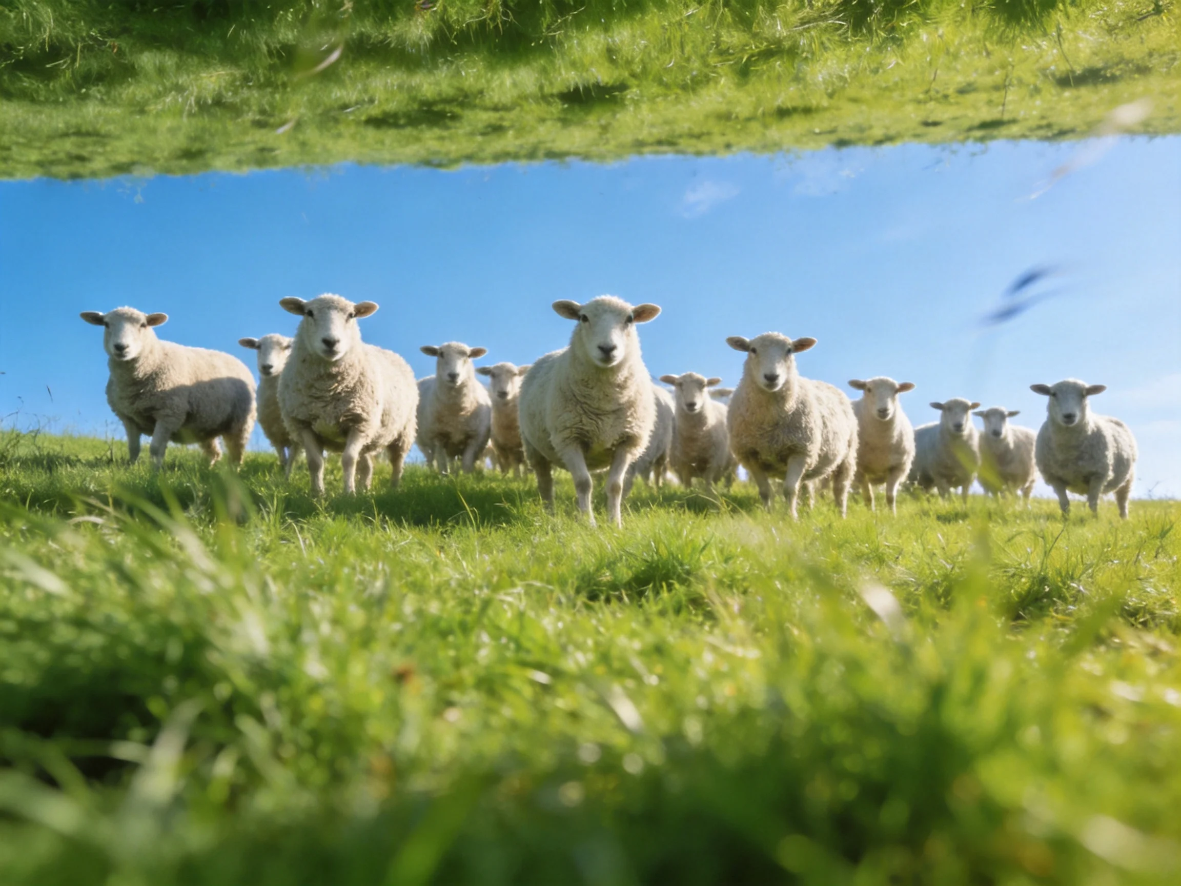 A group of sheep gathers on a grassy hillside beneath clear blue skies.